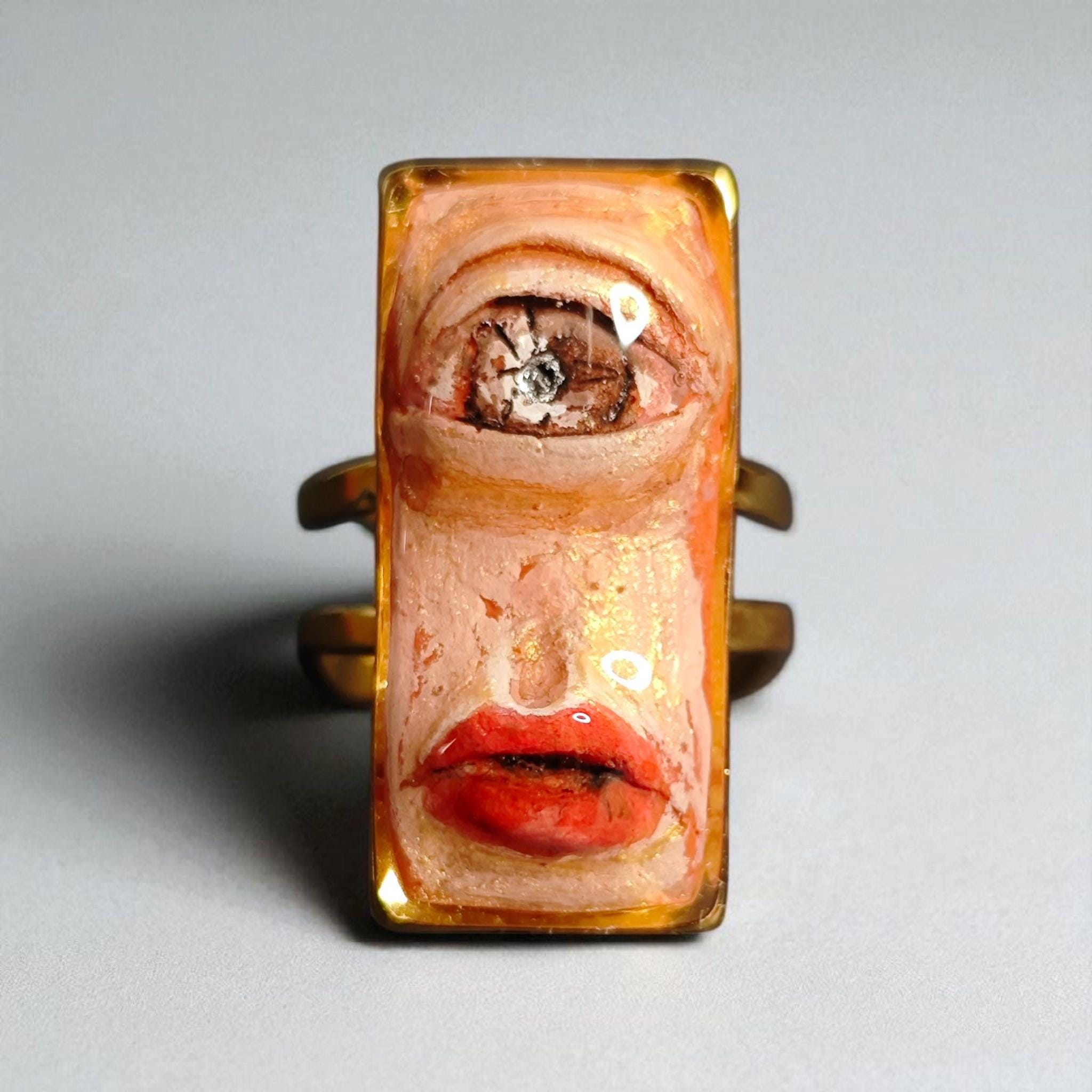 One Eye Face Ring – Handmade Clay & Resin Dark Surreal Statement Jewelry, Sculptural Fantasy Wearable Art on Adjustable Stainless Steel Band