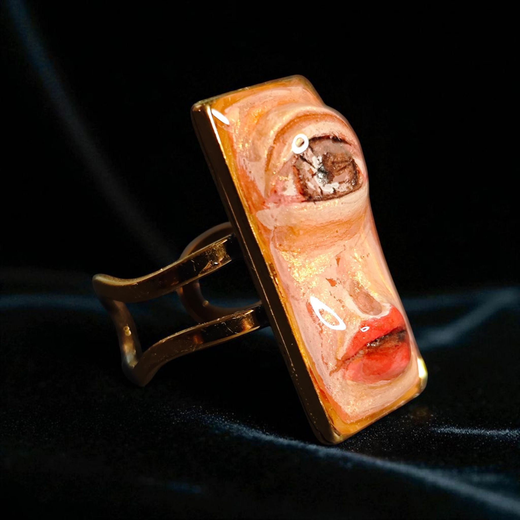 One Eye Face Ring ā Handmade Clay & Resin Dark Surreal Statement Jewelry, Sculptural Fantasy Wearable Art on Adjustable Stainless Steel Band