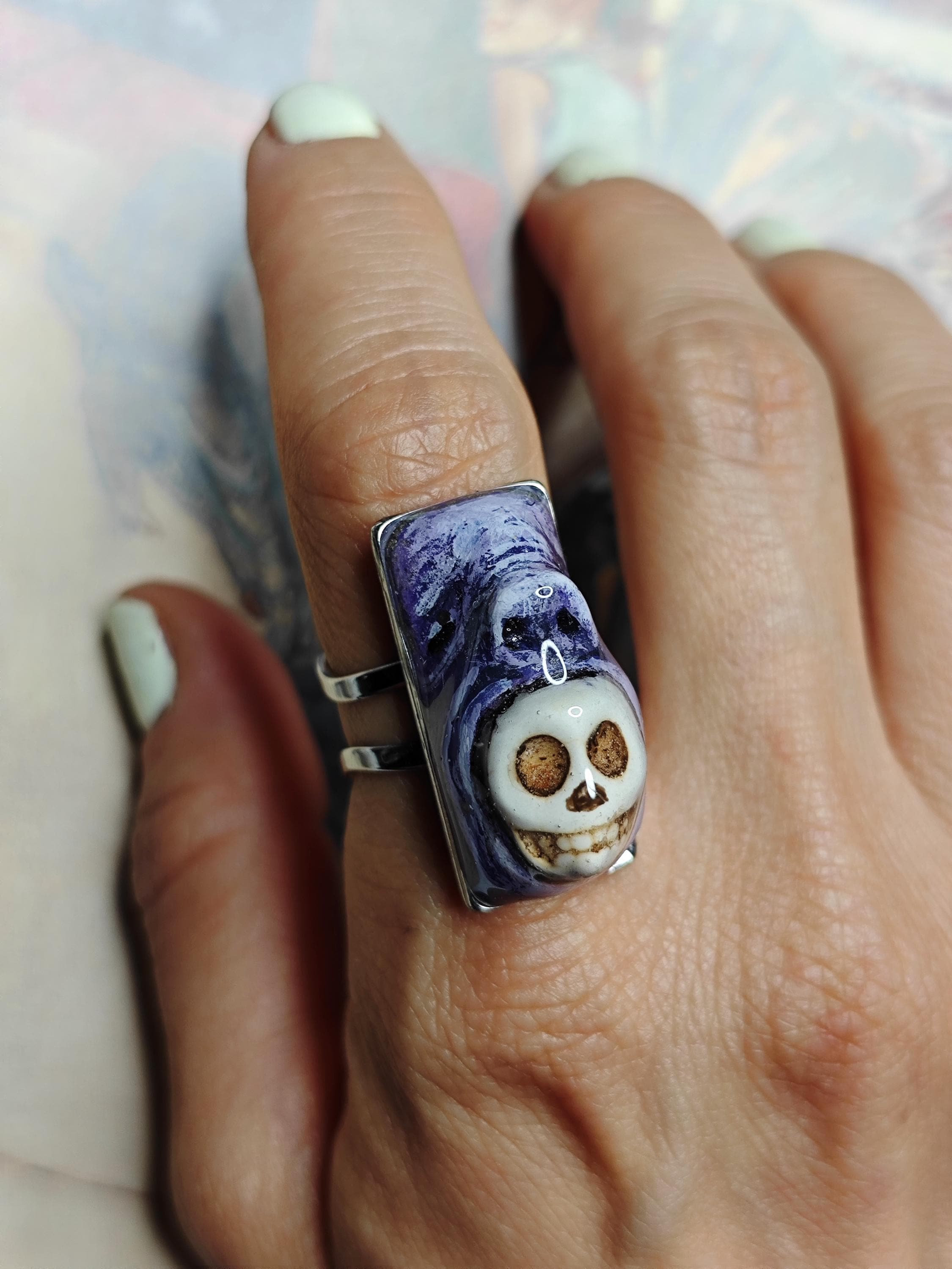 Surreal Statement Ring ā Handmade Clay & Resin Wearable Art, Dark Fantasy Sculptural Jewelry on Adjustable Stainless Steel Band OOAK