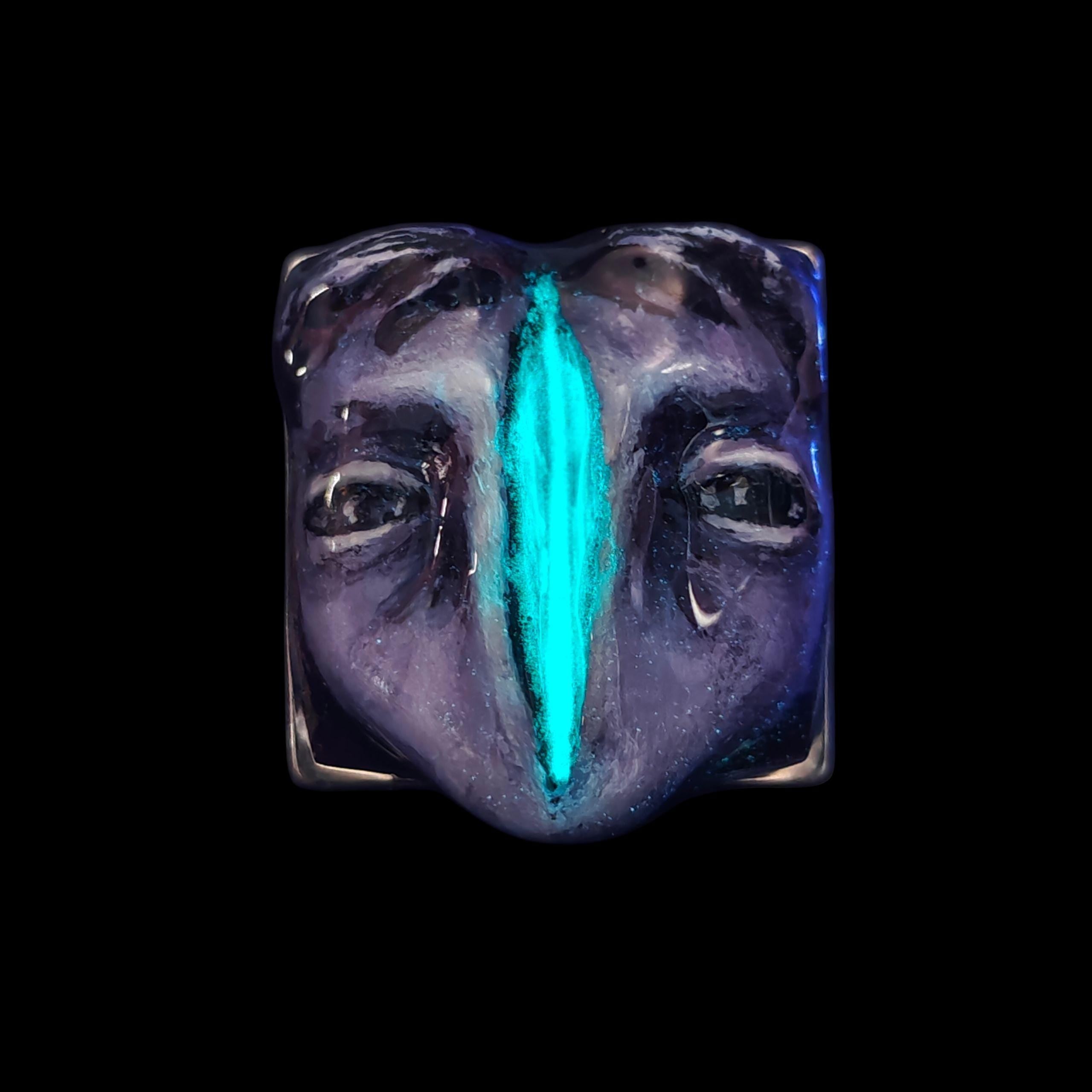 Split Face Glow Ring ā Handmade Clay Statement Jewelry with Glowing Gap, Surreal Wearable Art on Adjustable Stainless Steel Band OOAK