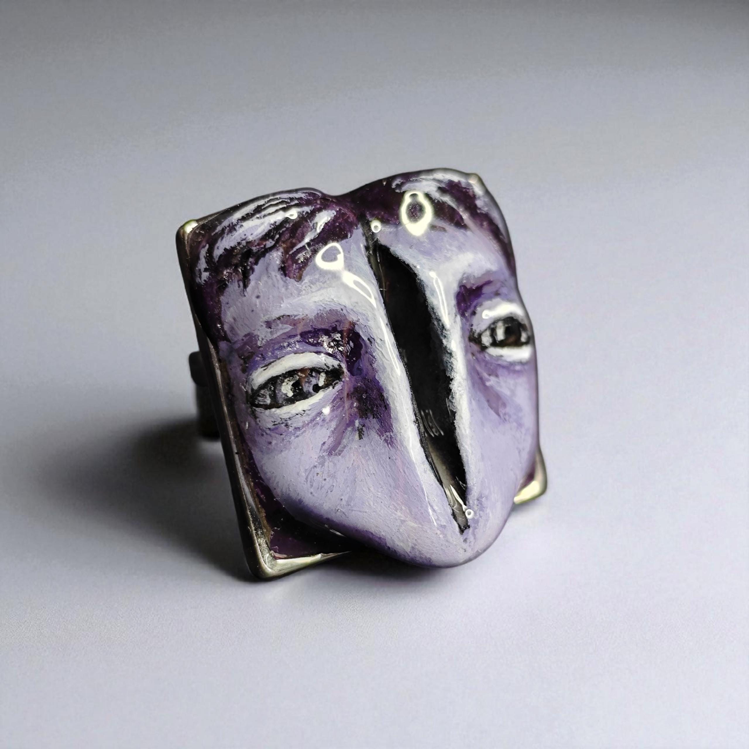 Split Face Glow Ring ā Handmade Clay Statement Jewelry with Glowing Gap, Surreal Wearable Art on Adjustable Stainless Steel Band OOAK