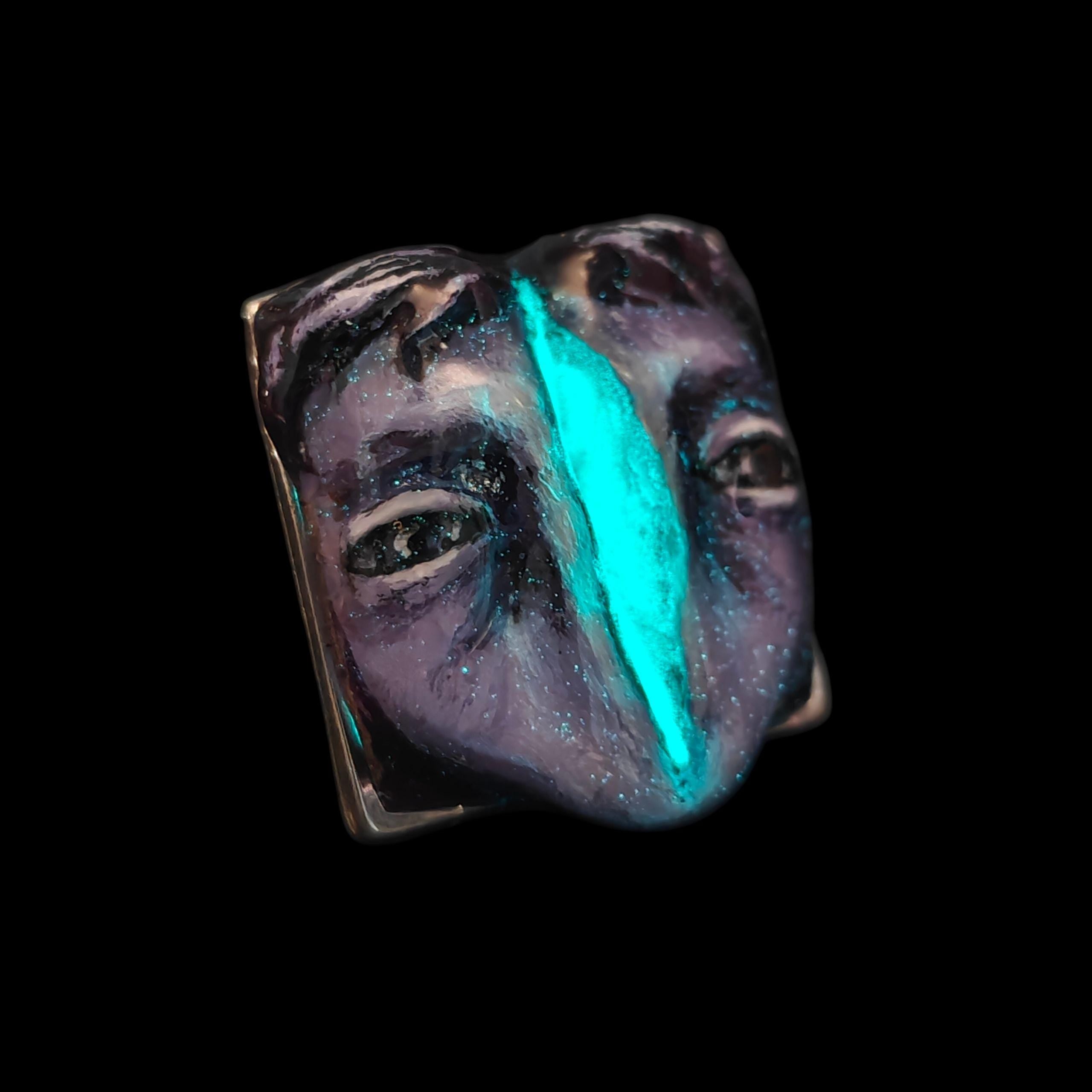 Split Face Glow Ring ā Handmade Clay Statement Jewelry with Glowing Gap, Surreal Wearable Art on Adjustable Stainless Steel Band OOAK