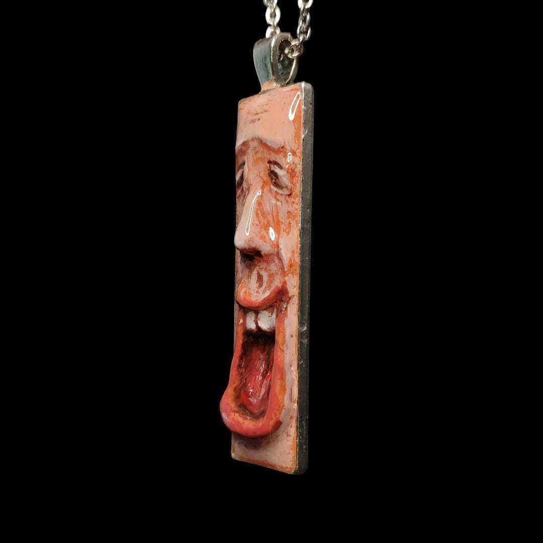 Laughing Man Necklace ā Handmade Clay & Resin Surreal Statement Jewelry, Sculptural Wearable Art with Alloy Pendant / Chain OOAK