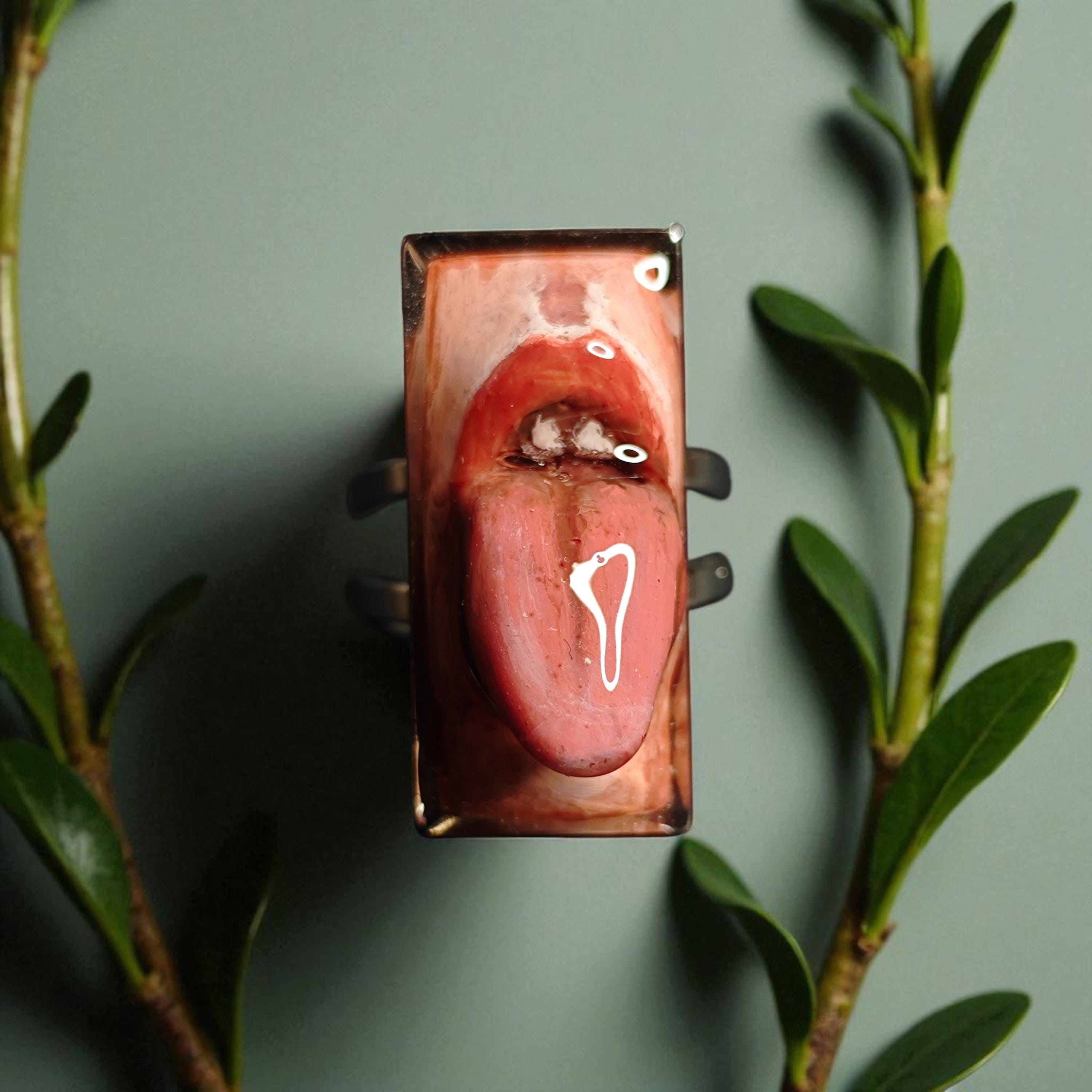 Tongue Out Face Ring – Handmade Clay & Resin Dark Surreal Statement Jewelry, Sculptural Wearable Art on Adjustable Stainless Steel Band