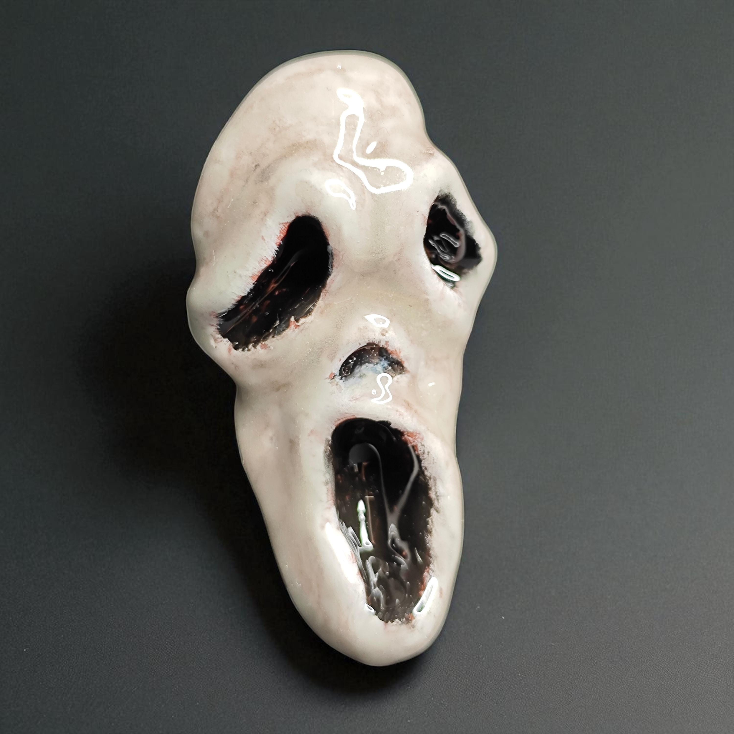 Scream Mask Glow Ring ā Handmade Clay & Resin Horror Statement Jewelry, Dark Surreal Wearable Art on Adjustable Stainless Steel Band OOAK