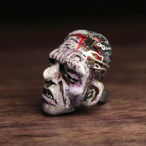 Frankenstein Ring – Handmade Clay Gothic Horror Statement Jewelry, Dark Surreal Sculptural Wearable Art, Adjustable Stainless Steel OOAK