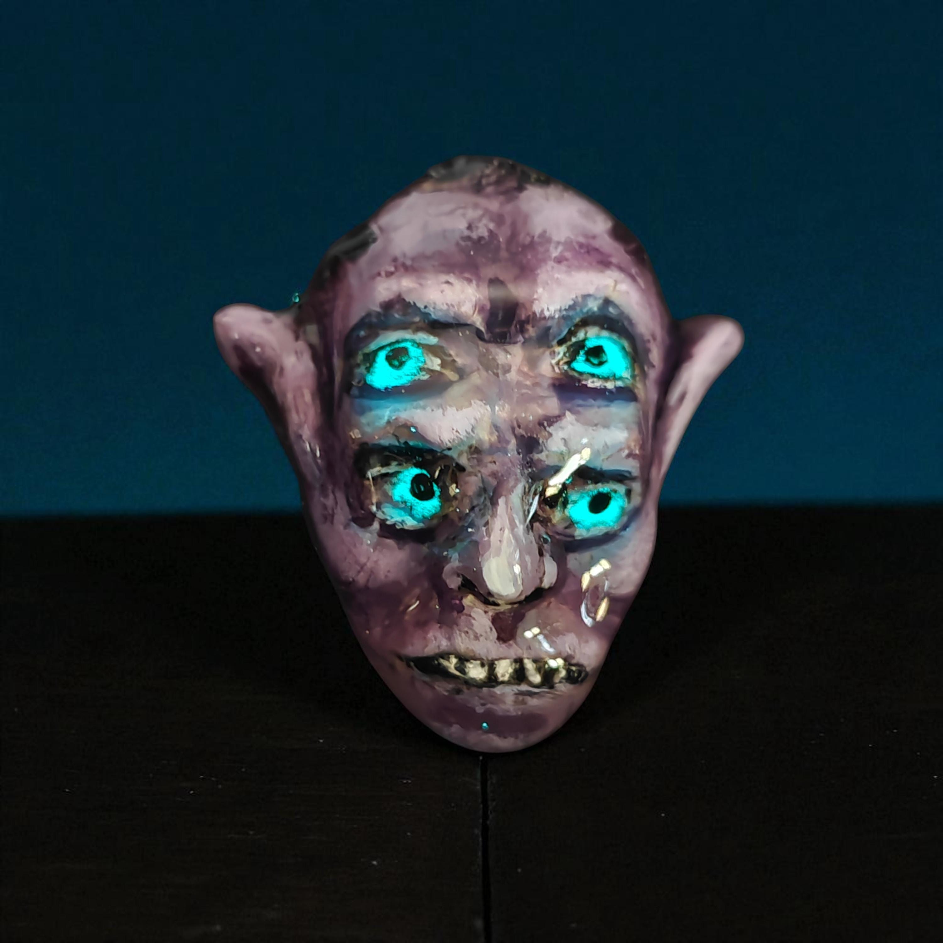 Four Eyes Glow Ring β Handmade Clay & Resin Surreal Statement Jewelry, Dark Fantasy Wearable Art on Adjustable Stainless Steel Band OOAK