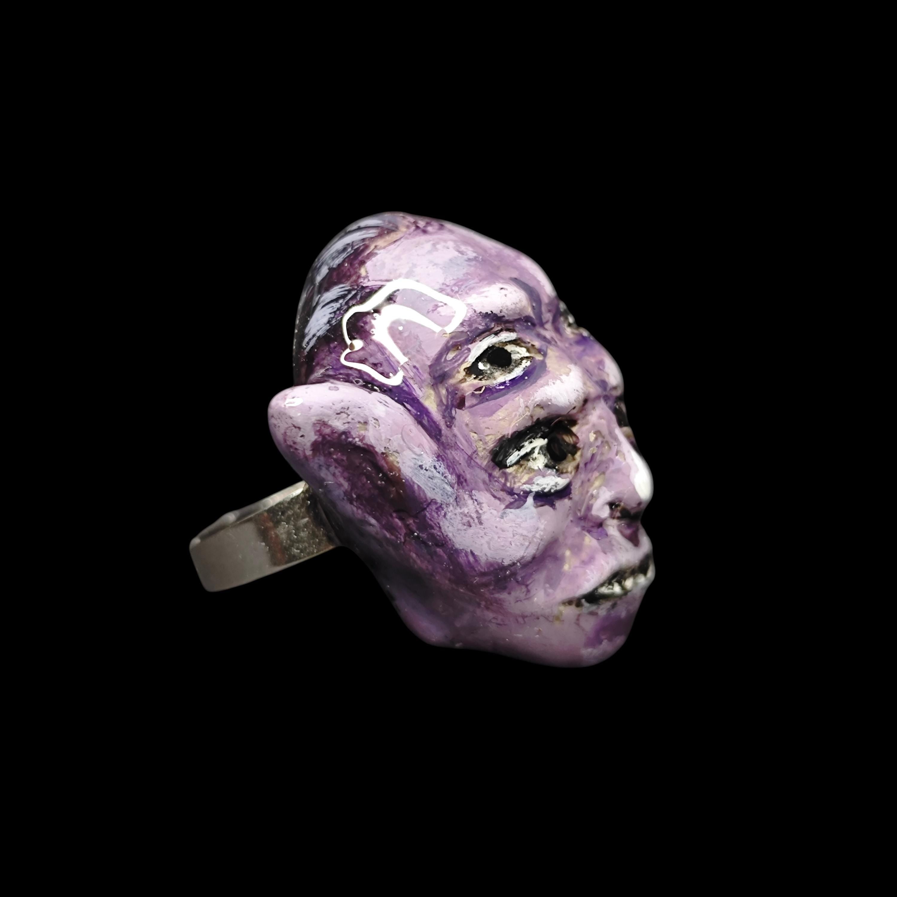 Four Eyes Glow Ring β Handmade Clay & Resin Surreal Statement Jewelry, Dark Fantasy Wearable Art on Adjustable Stainless Steel Band OOAK