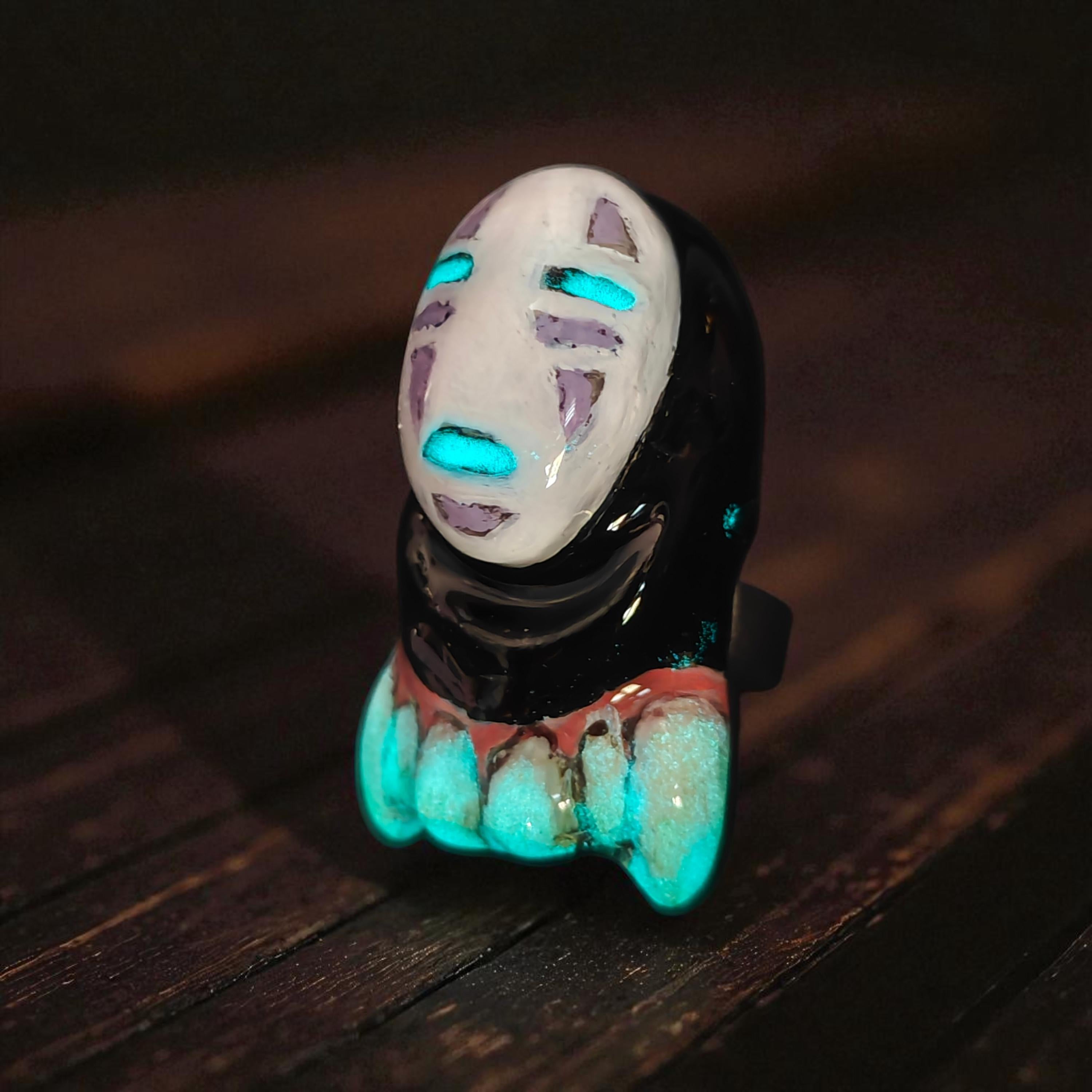 No Face Glow Ring ā Handmade Clay Dark Surreal Statement Jewelry, Sculptural Fantasy Wearable Art on Adjustable Stainless Steel Band OOAK