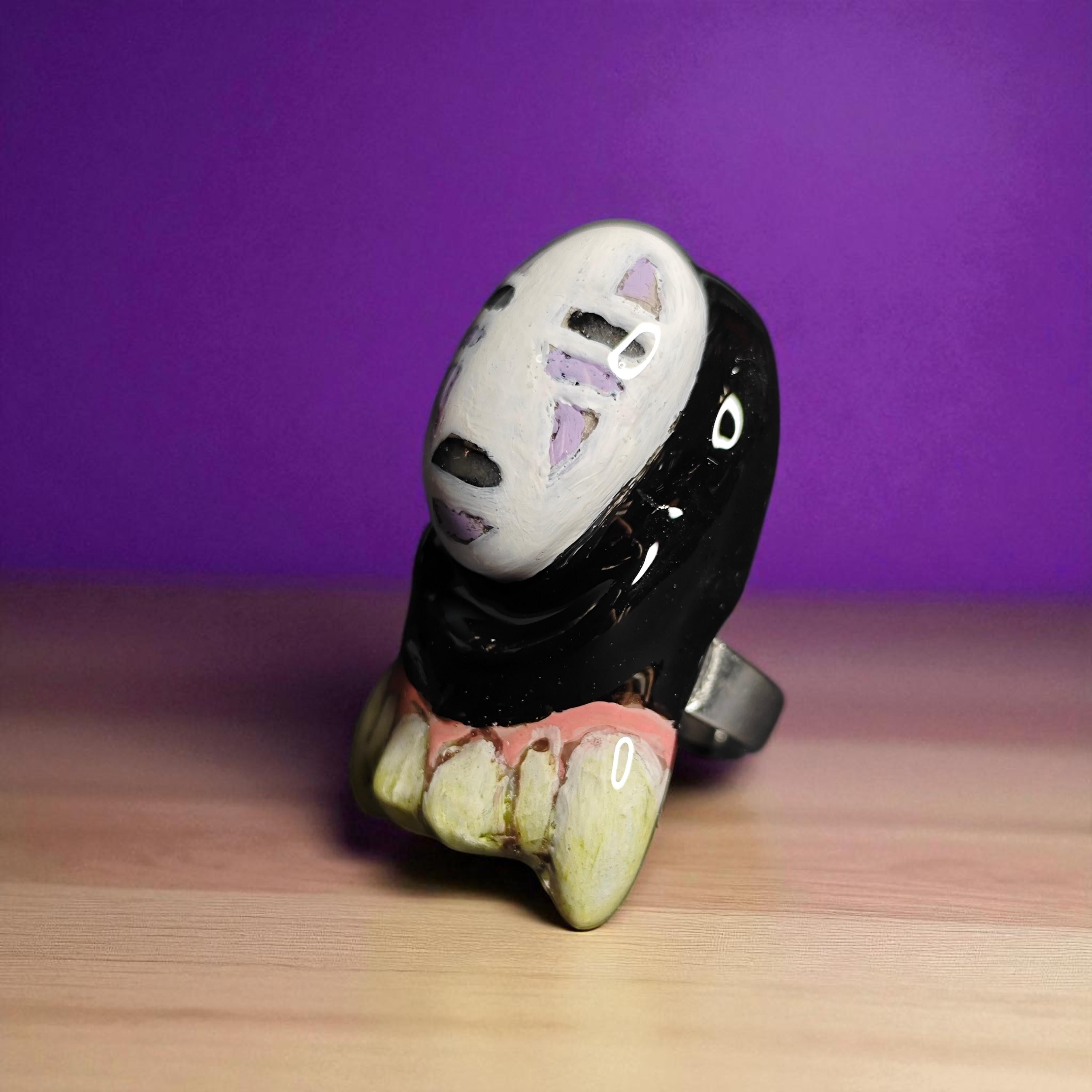 No Face Glow Ring ā Handmade Clay Dark Surreal Statement Jewelry, Sculptural Fantasy Wearable Art on Adjustable Stainless Steel Band OOAK