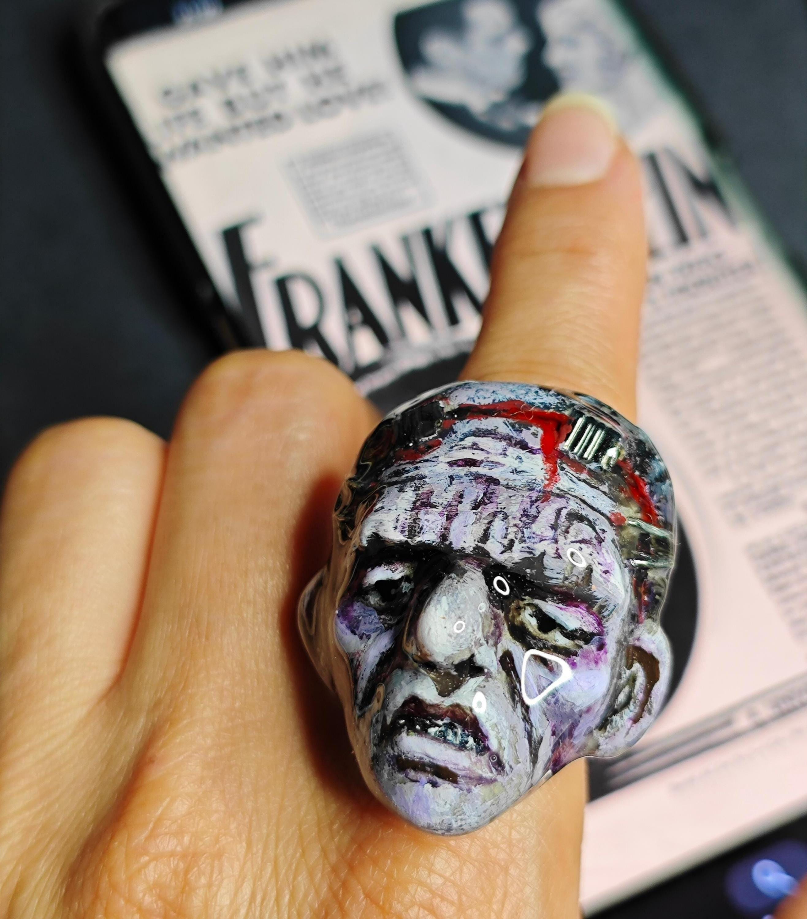 Frankenstein Ring – Handmade Clay Gothic Horror Statement Jewelry, Dark Surreal Sculptural Wearable Art, Adjustable Stainless Steel OOAK
