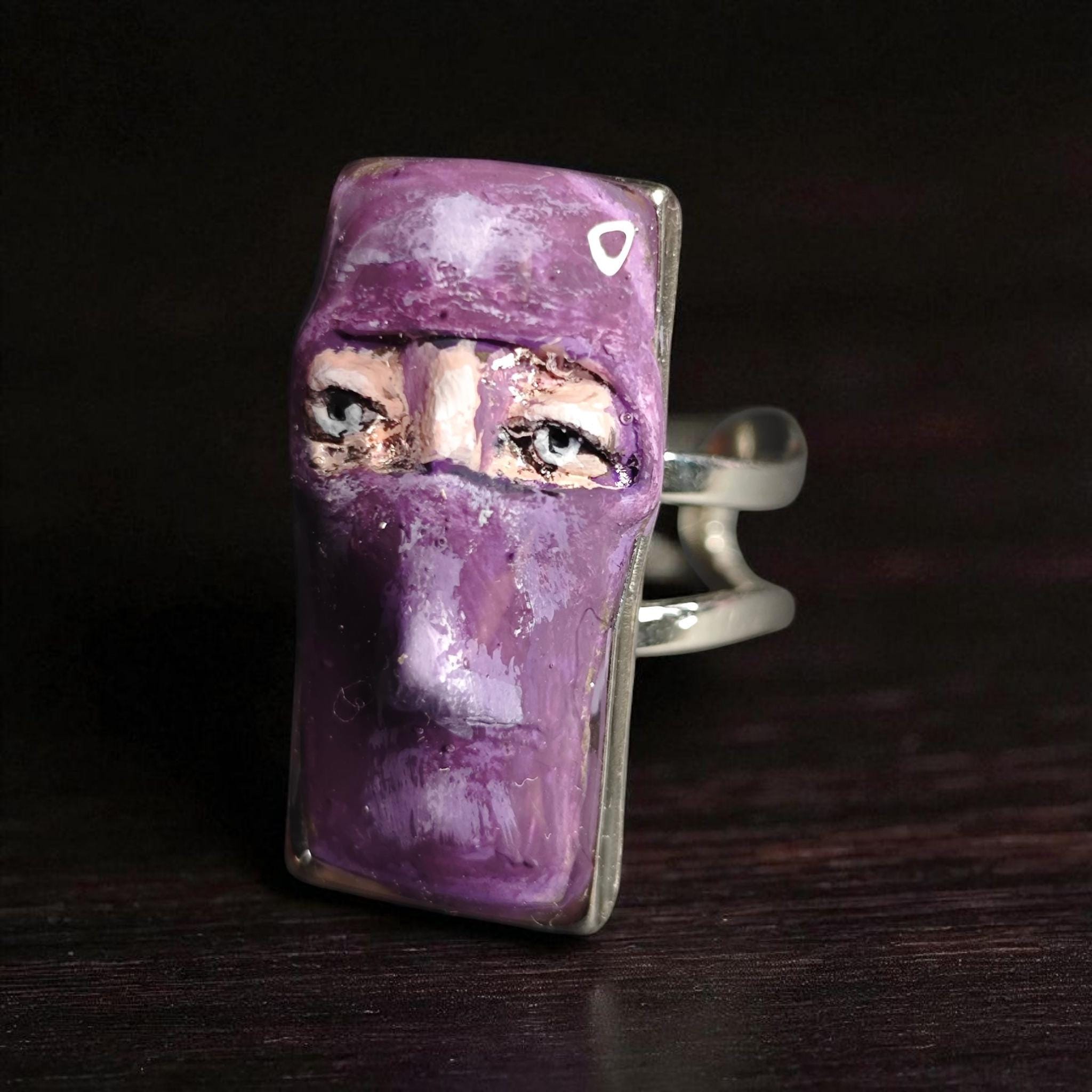 Masked Man Ring – Handmade Clay Surreal Statement Jewelry, Ninja-Inspired Sculptural Wearable Art on Adjustable Stainless Steel Band OOAK