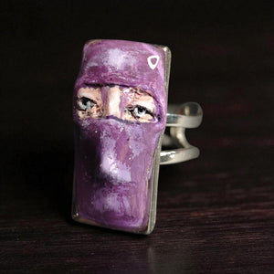 Masked Man Ring ā Handmade Clay Surreal Statement Jewelry, Ninja-Inspired Sculptural Wearable Art on Adjustable Stainless Steel Band OOAK