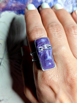Masked Man Ring ā Handmade Clay Surreal Statement Jewelry, Ninja-Inspired Sculptural Wearable Art on Adjustable Stainless Steel Band OOAK