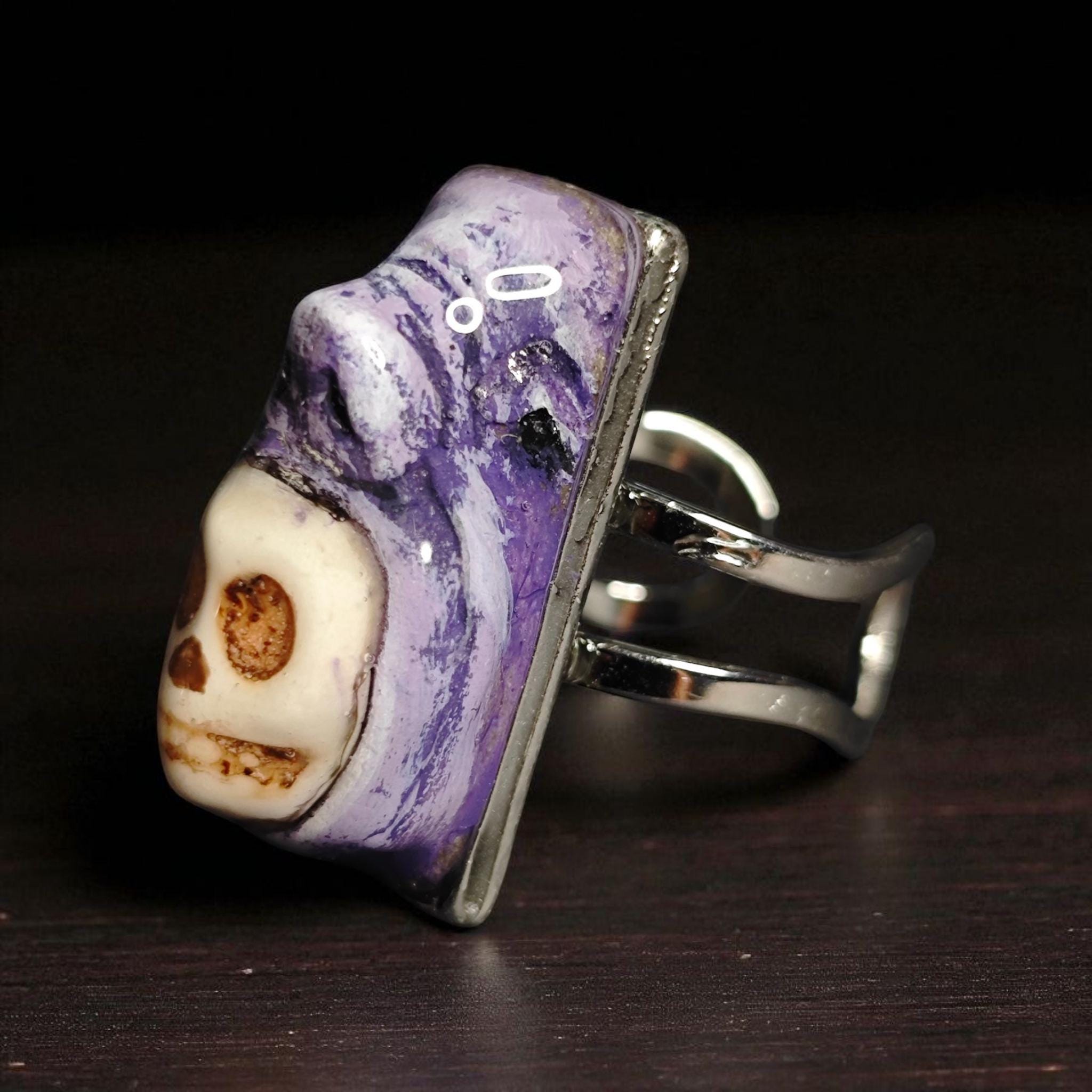 Surreal Statement Ring ā Handmade Clay & Resin Wearable Art, Dark Fantasy Sculptural Jewelry on Adjustable Stainless Steel Band OOAK