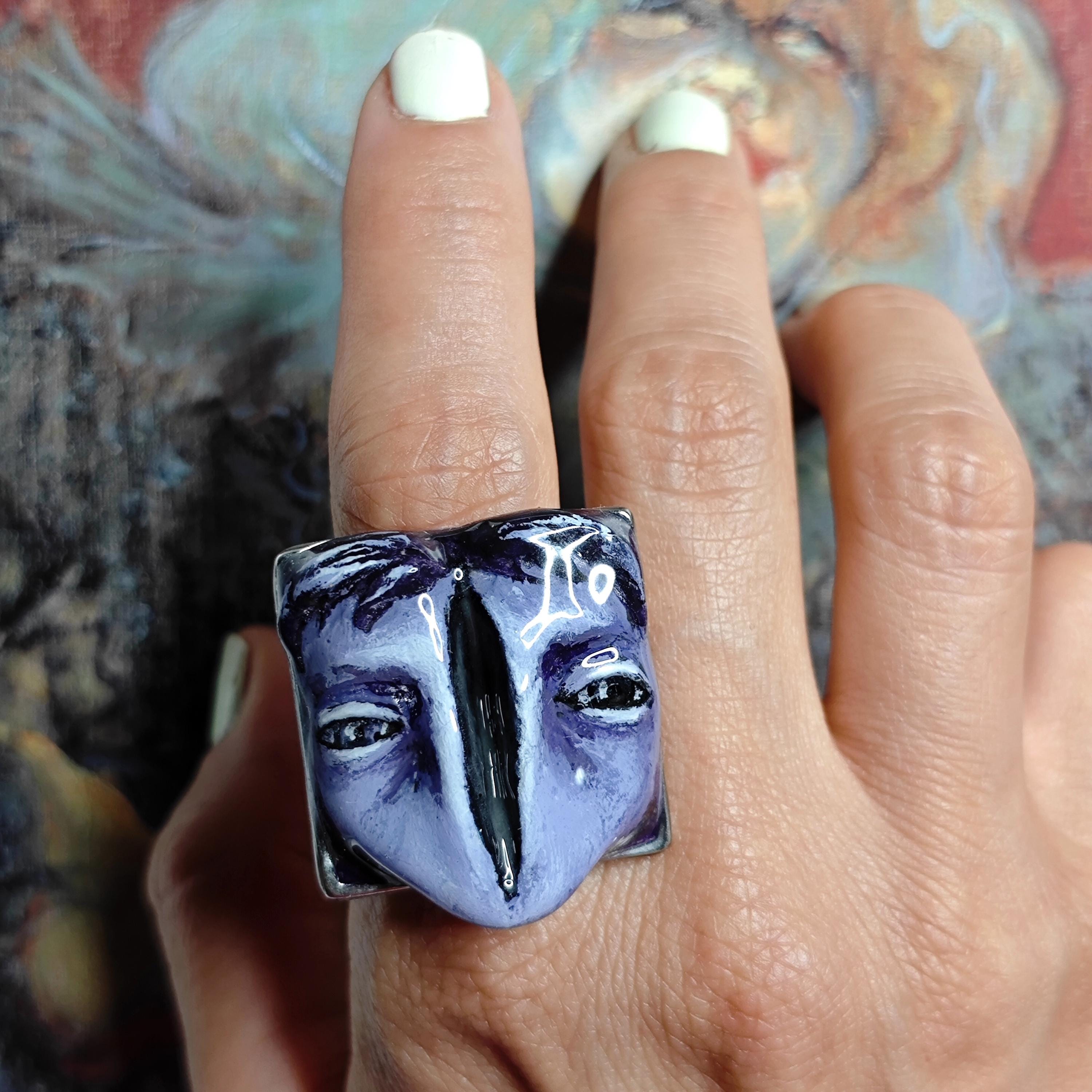 Split Face Glow Ring ā Handmade Clay Statement Jewelry with Glowing Gap, Surreal Wearable Art on Adjustable Stainless Steel Band OOAK