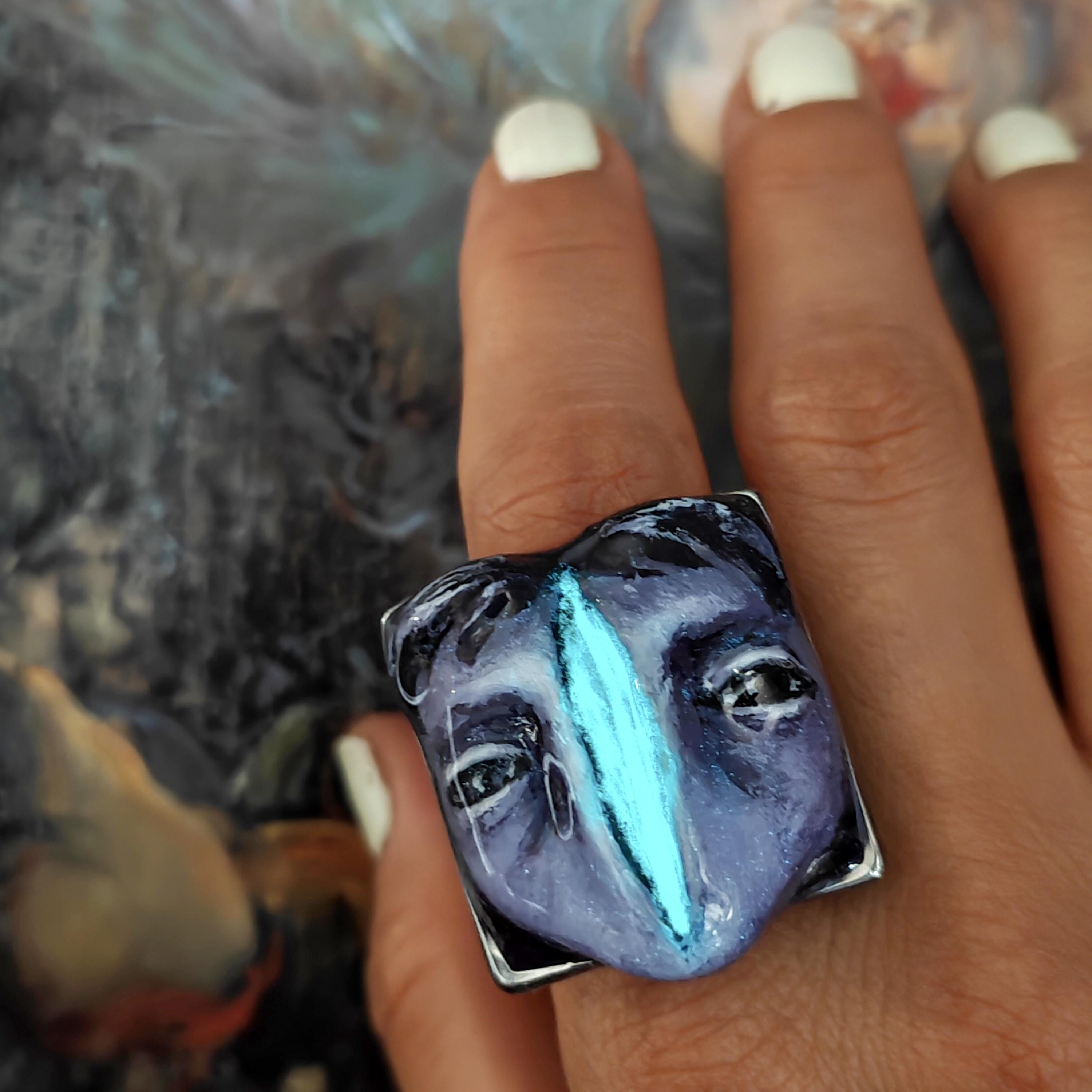 Split Face Glow Ring ā Handmade Clay Statement Jewelry with Glowing Gap, Surreal Wearable Art on Adjustable Stainless Steel Band OOAK