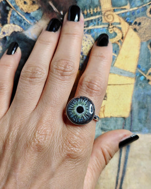 Glowing Eye Ring ā Handmade Clay & Resin Surreal Statement Jewelry, Sculptural Fantasy Wearable Art on Sterling Silver S925 Band