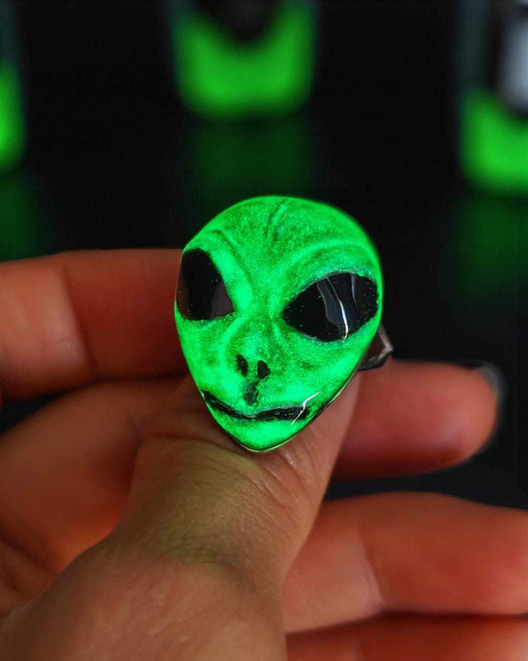 Glowing Alien UFO Ring ā Handmade Clay & Resin Surreal Statement Jewelry, Sculptural Fantasy Wearable Art on Sterling Silver S925 Band