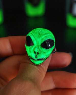 Glowing Alien UFO Ring ā Handmade Clay & Resin Surreal Statement Jewelry, Sculptural Fantasy Wearable Art on Sterling Silver S925 Band