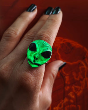 Glowing Alien UFO Ring ā Handmade Clay & Resin Surreal Statement Jewelry, Sculptural Fantasy Wearable Art on Sterling Silver S925 Band