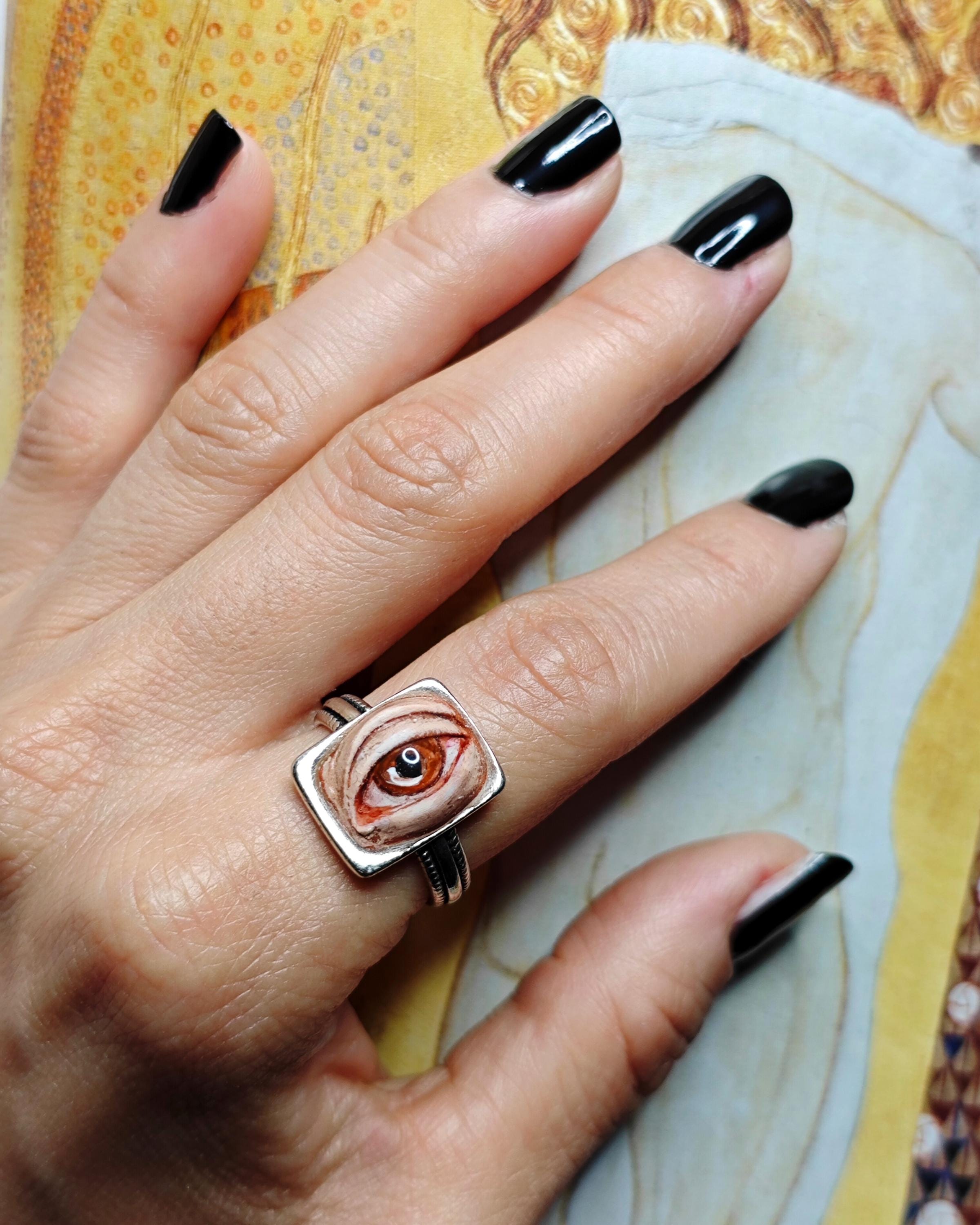 Eye Ring ā Handmade Clay & Resin Surreal Statement Jewelry, Sculptural Fantasy Wearable Art on Sterling Silver S925 Band