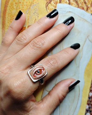 Eye Ring ā Handmade Clay & Resin Surreal Statement Jewelry, Sculptural Fantasy Wearable Art on Sterling Silver S925 Band