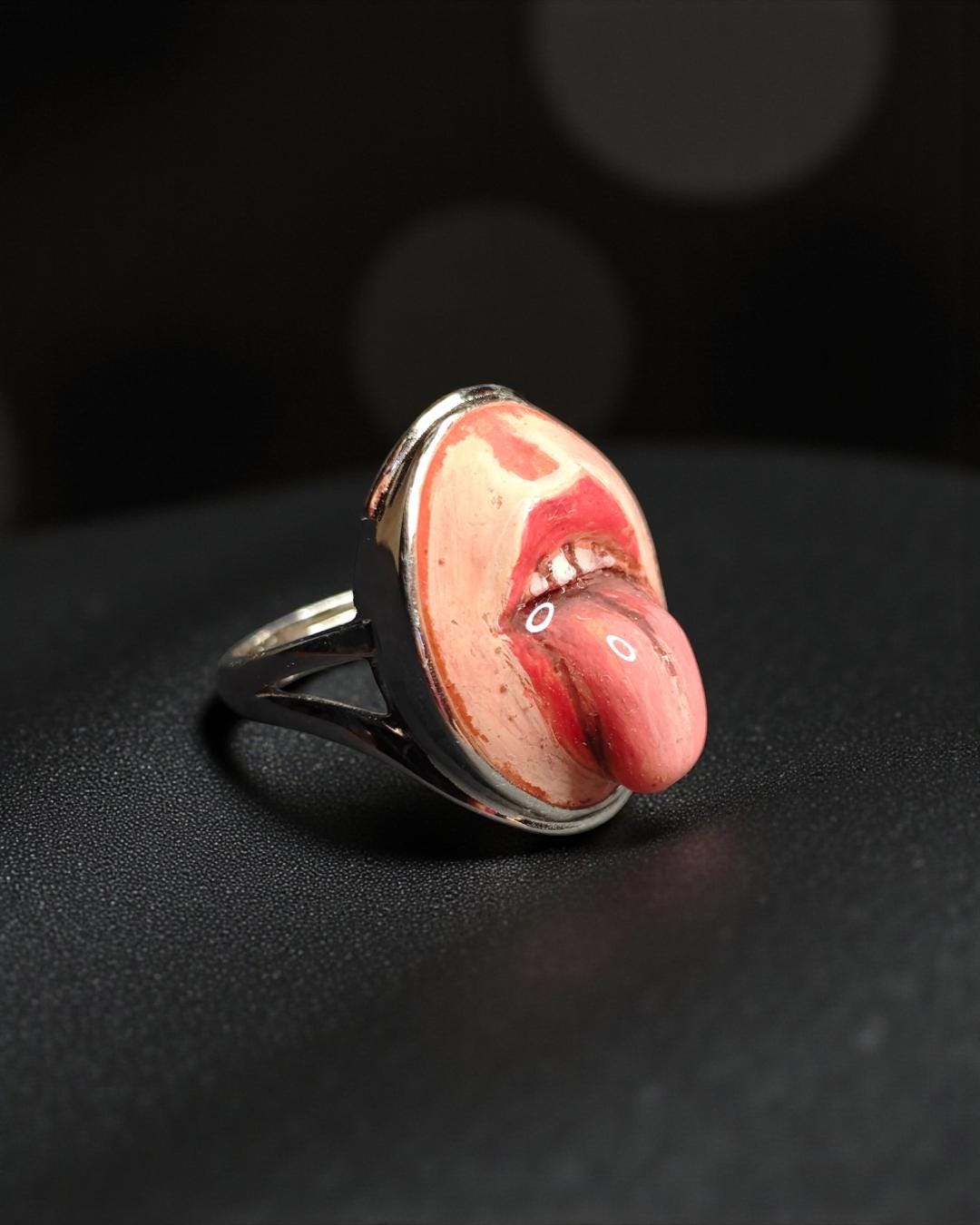 Tongue Out Ring ā Handmade Clay & Resin Surreal Statement Jewelry, Sculptural Fantasy Wearable Art on Sterling Silver S925 Band