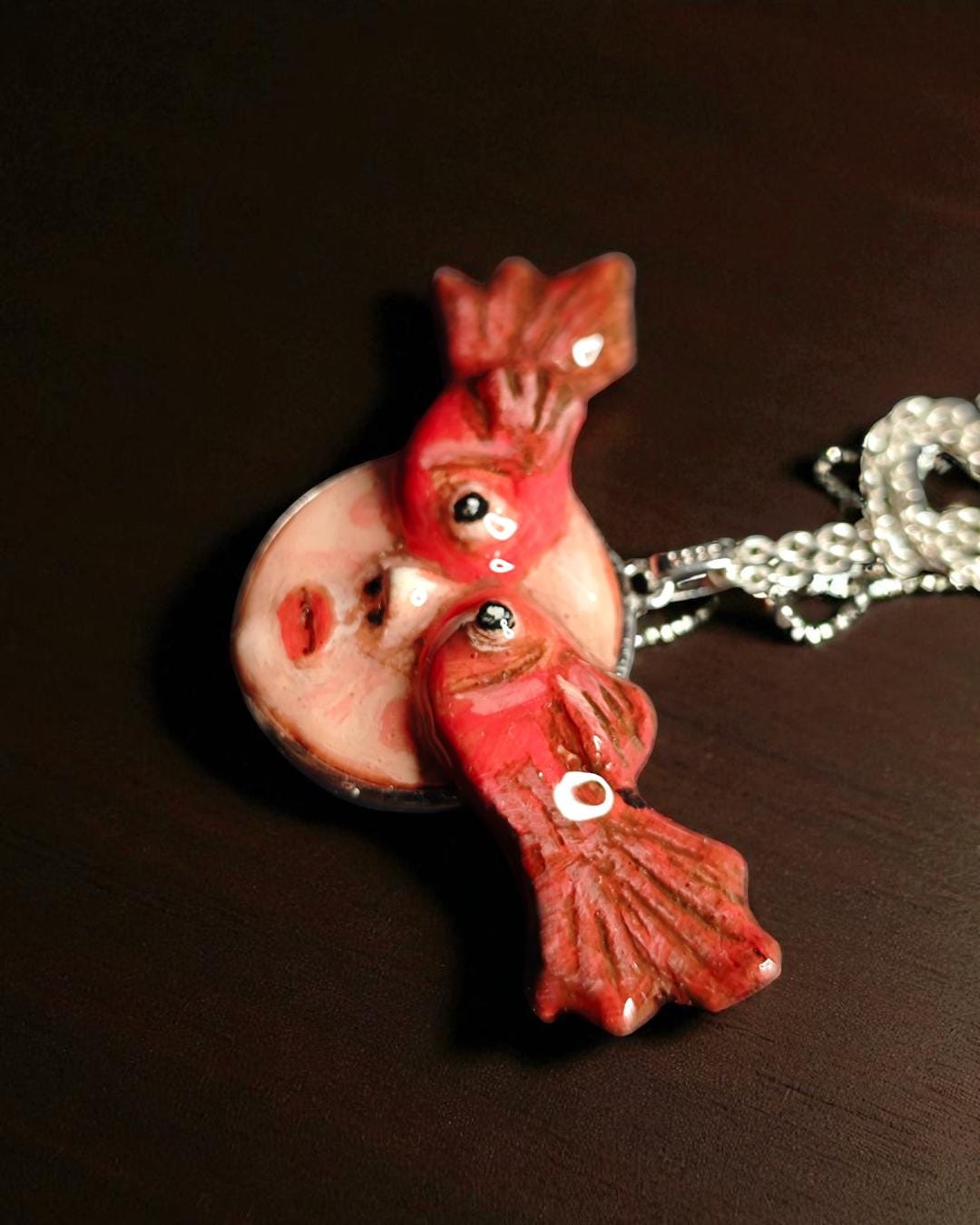 Face with Fish Eye Necklace ā Handmade Clay Surreal Statement Jewelry, Sculptural Wearable Art with Sterling Silver S925 Pendant / Chain