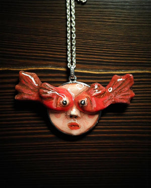 Face with Fish Eye Necklace ā Handmade Clay Surreal Statement Jewelry, Sculptural Wearable Art with Sterling Silver S925 Pendant / Chain