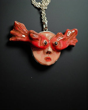 Face with Fish Eye Necklace ā Handmade Clay Surreal Statement Jewelry, Sculptural Wearable Art with Sterling Silver S925 Pendant / Chain