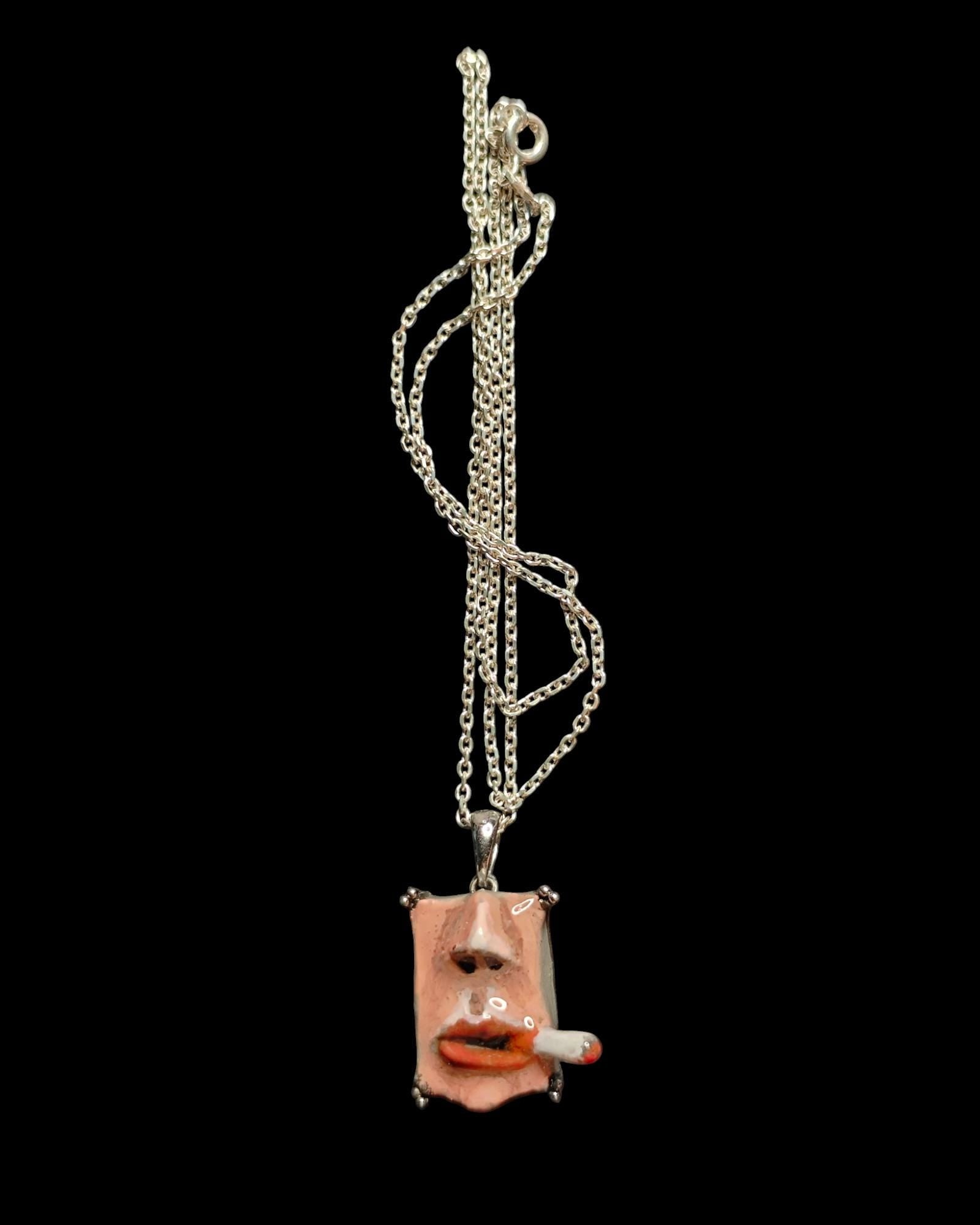 Smoking Necklace – Handmade Clay & Resin Surreal Statement Jewelry, Sculptural Wearable Art with Sterling Silver S925 Pendant / Chain