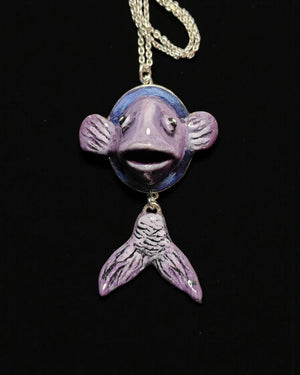 Fish Necklace ā Handmade Clay & Resin Surreal Statement Jewelry, Sculptural Wearable Art with Sterling Silver S925 Pendant / Chain OOAK