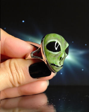 Glowing Alien UFO Ring ā Handmade Clay & Resin Surreal Statement Jewelry, Sculptural Fantasy Wearable Art on Sterling Silver S925 Band