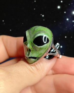Glowing Alien UFO Ring ā Handmade Clay & Resin Surreal Statement Jewelry, Sculptural Fantasy Wearable Art on Sterling Silver S925 Band