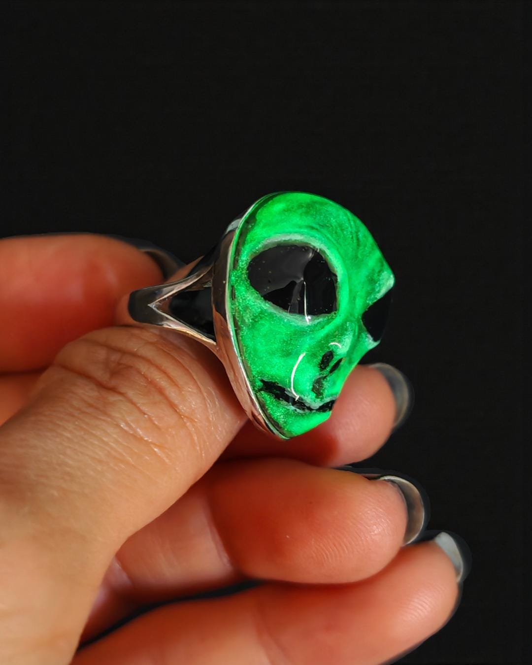 Glowing Alien UFO Ring ā Handmade Clay & Resin Surreal Statement Jewelry, Sculptural Fantasy Wearable Art on Sterling Silver S925 Band