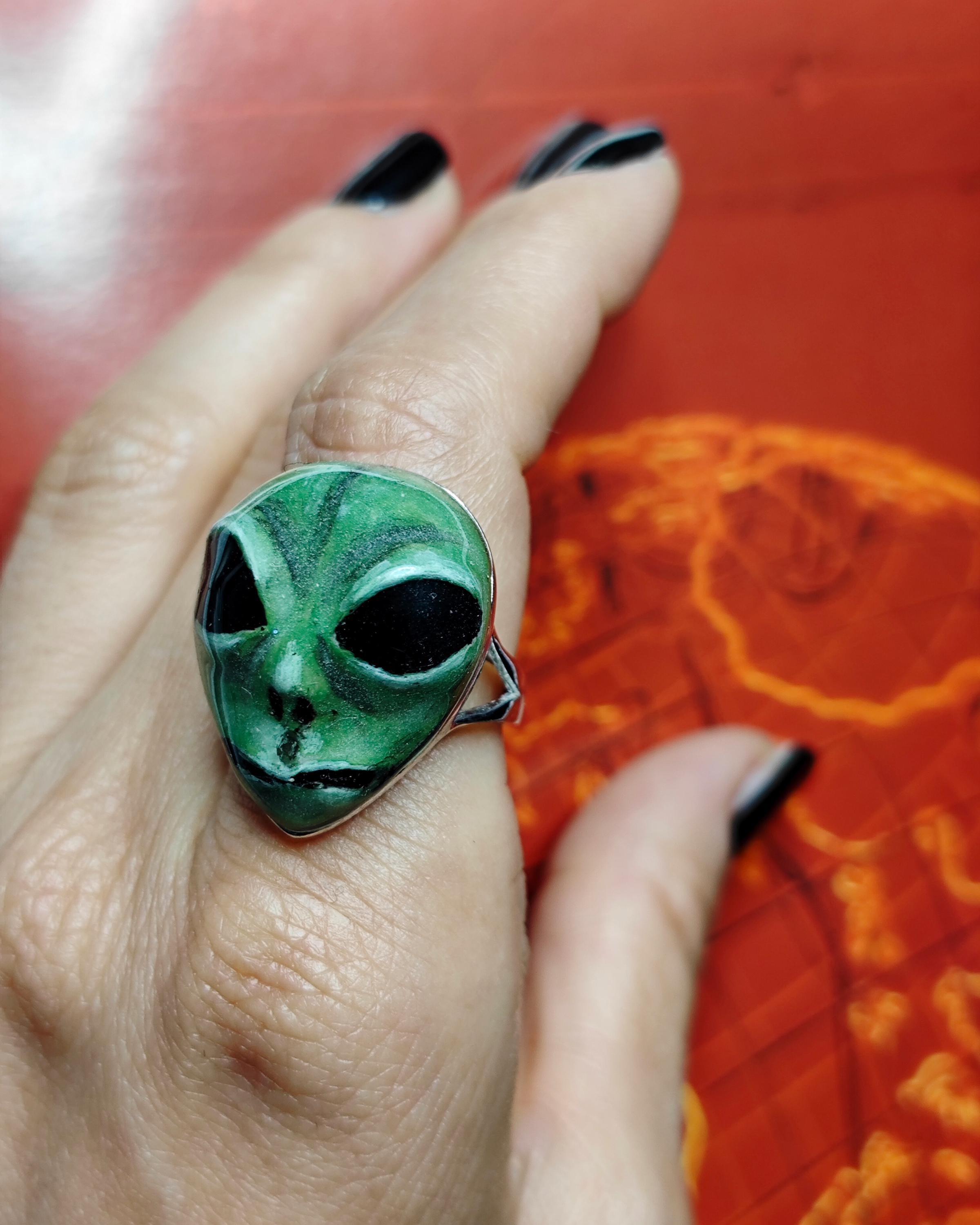 Glowing Alien UFO Ring ā Handmade Clay & Resin Surreal Statement Jewelry, Sculptural Fantasy Wearable Art on Sterling Silver S925 Band