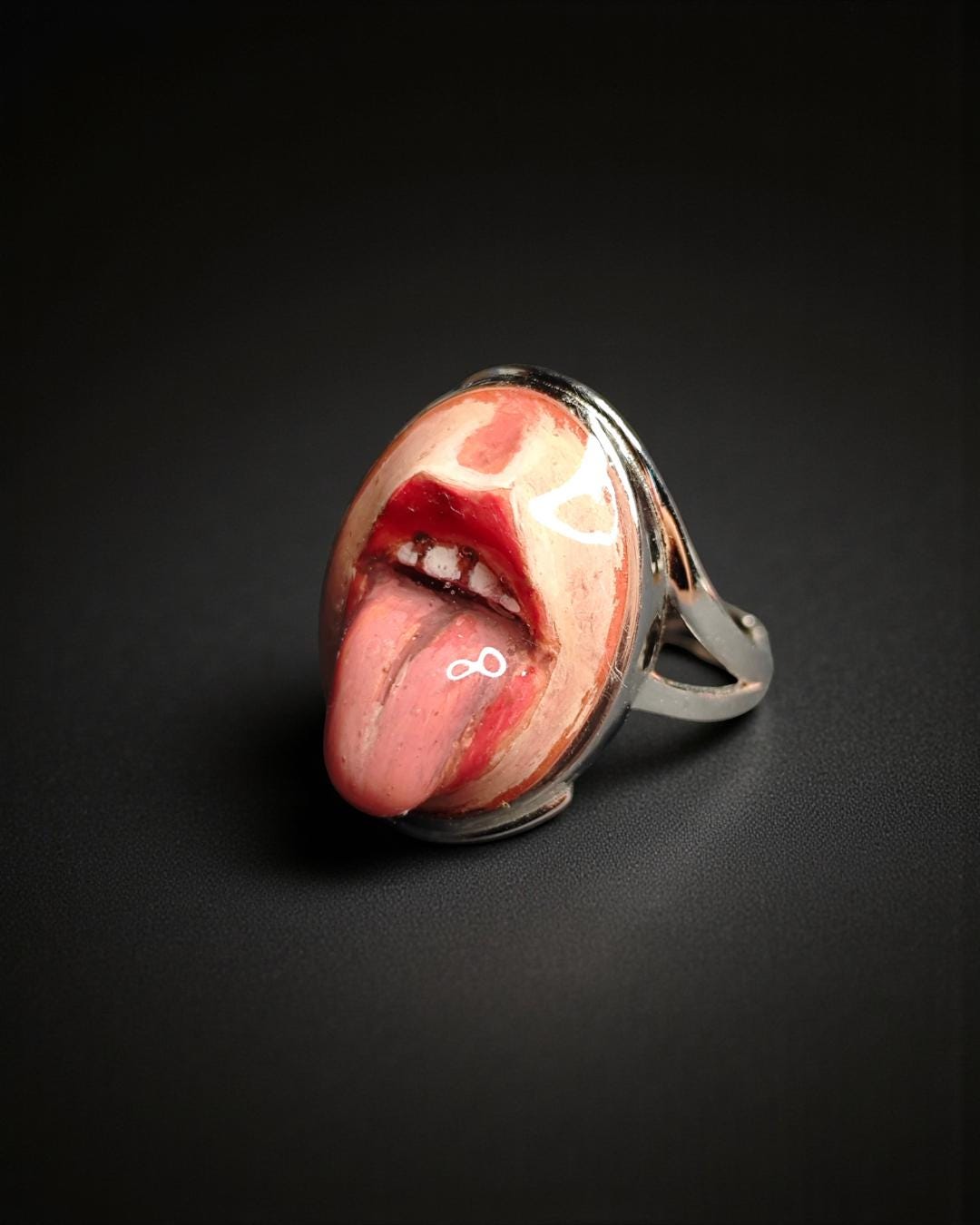 Tongue Out Ring ā Handmade Clay & Resin Surreal Statement Jewelry, Sculptural Fantasy Wearable Art on Sterling Silver S925 Band