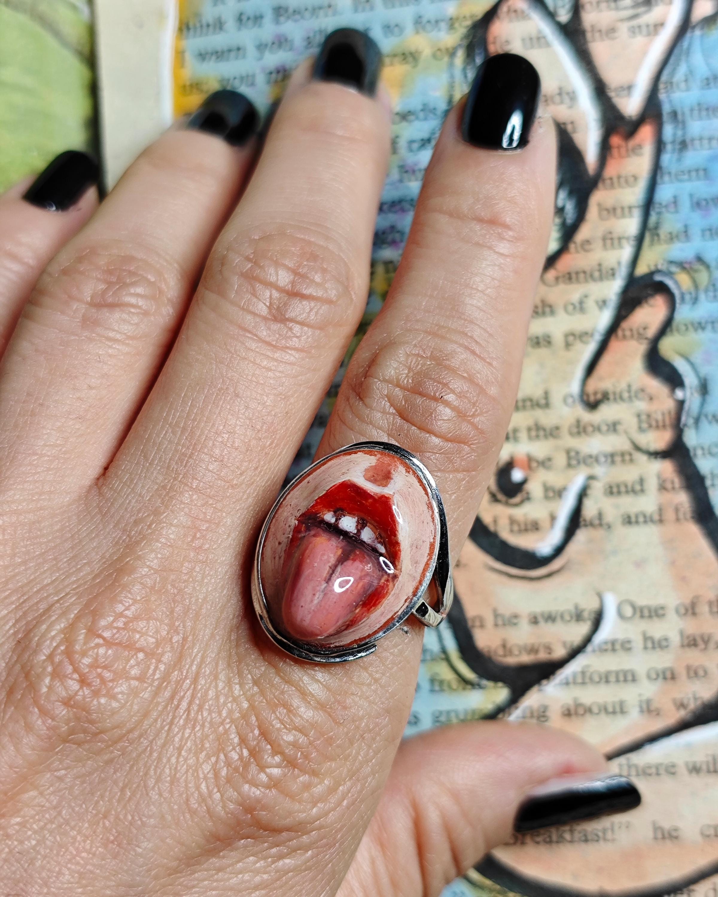 Tongue Out Ring ā Handmade Clay & Resin Surreal Statement Jewelry, Sculptural Fantasy Wearable Art on Sterling Silver S925 Band