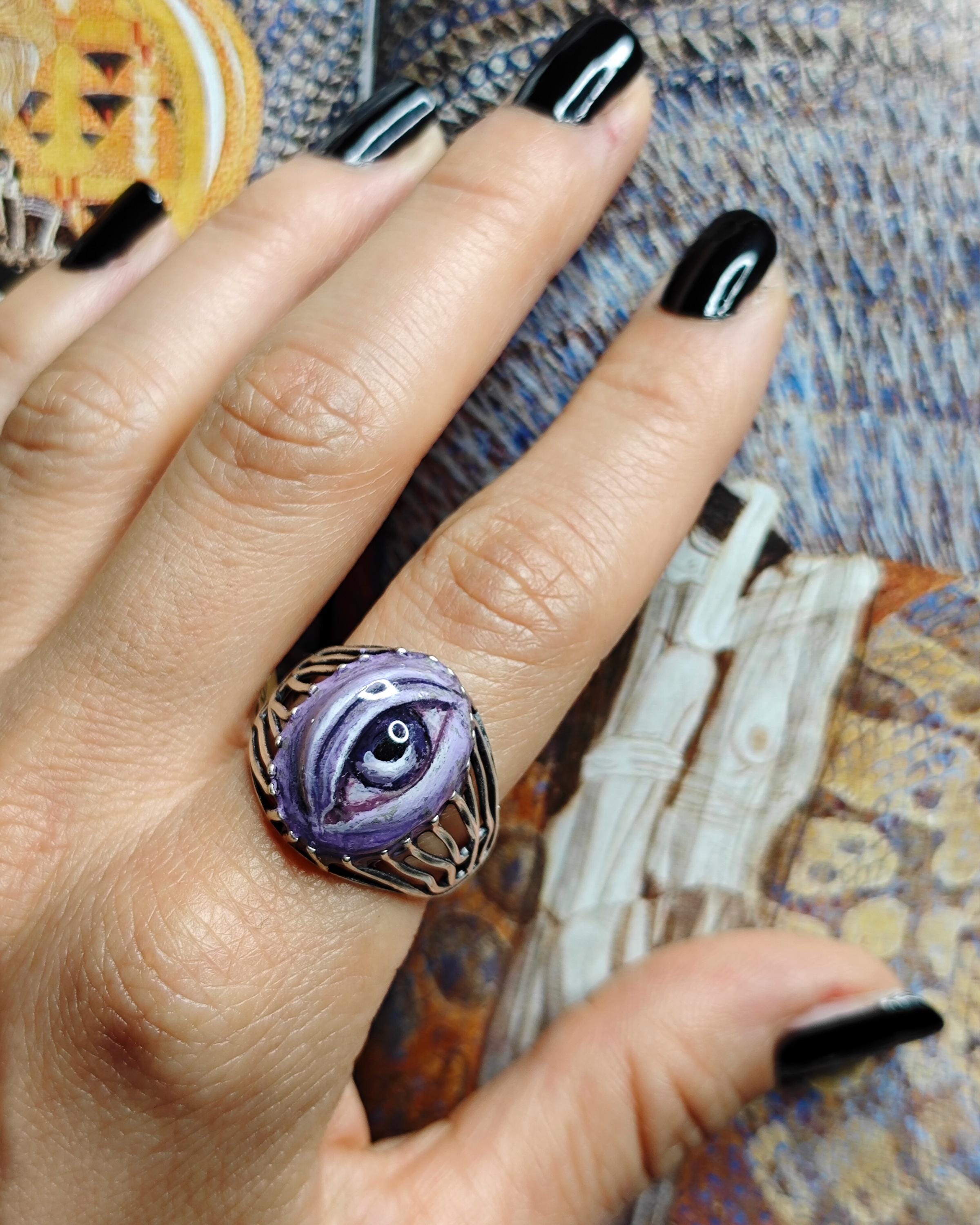 Eye Ring ā Handmade Clay & Resin Surreal Statement Jewelry, Sculptural Fantasy Wearable Art on Sterling Silver S925 Band