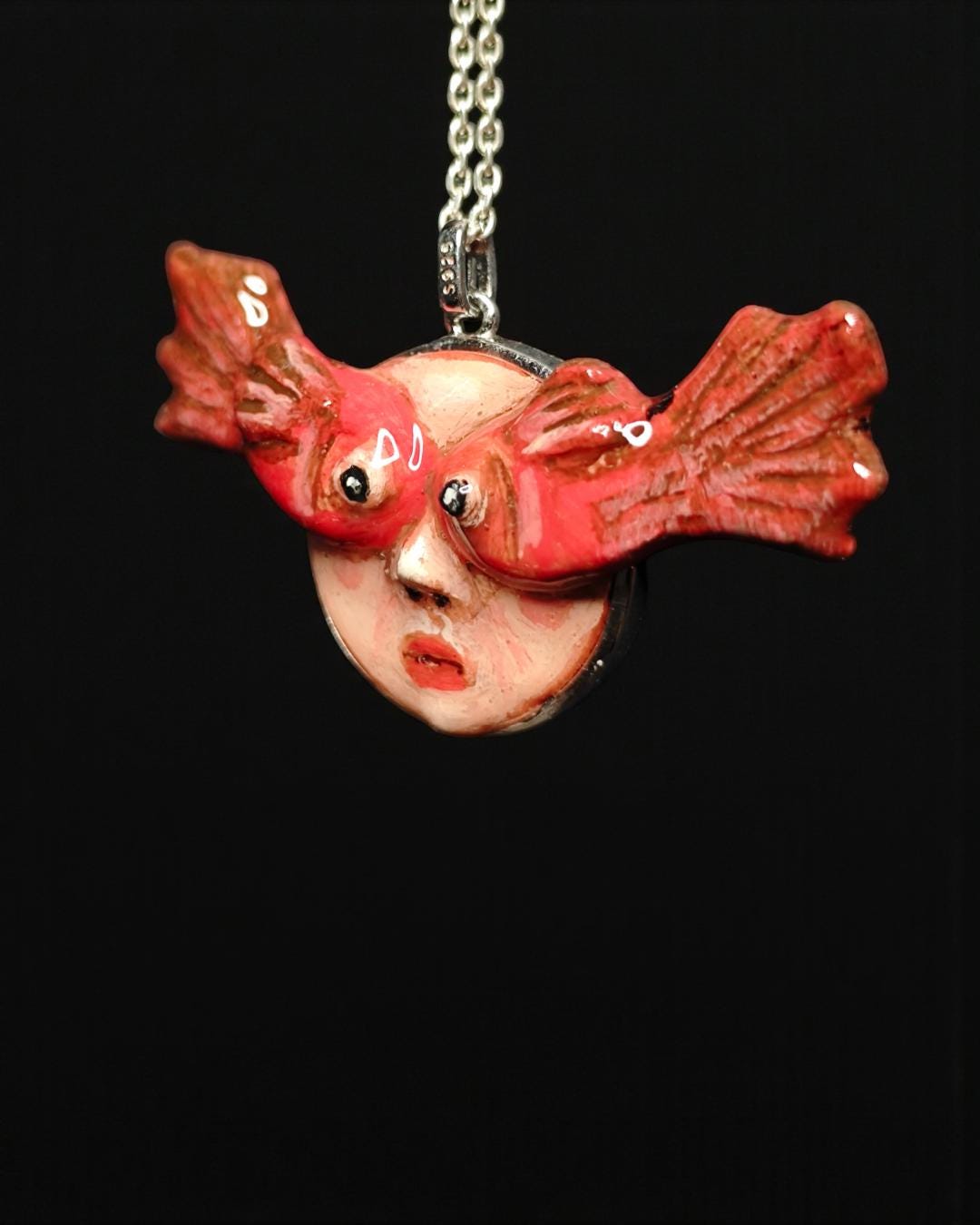 Face with Fish Eye Necklace ā Handmade Clay Surreal Statement Jewelry, Sculptural Wearable Art with Sterling Silver S925 Pendant / Chain
