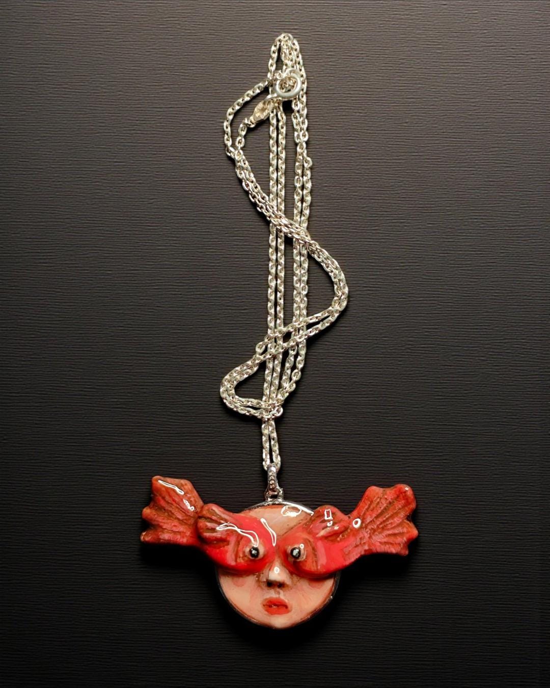 Face with Fish Eye Necklace ā Handmade Clay Surreal Statement Jewelry, Sculptural Wearable Art with Sterling Silver S925 Pendant / Chain