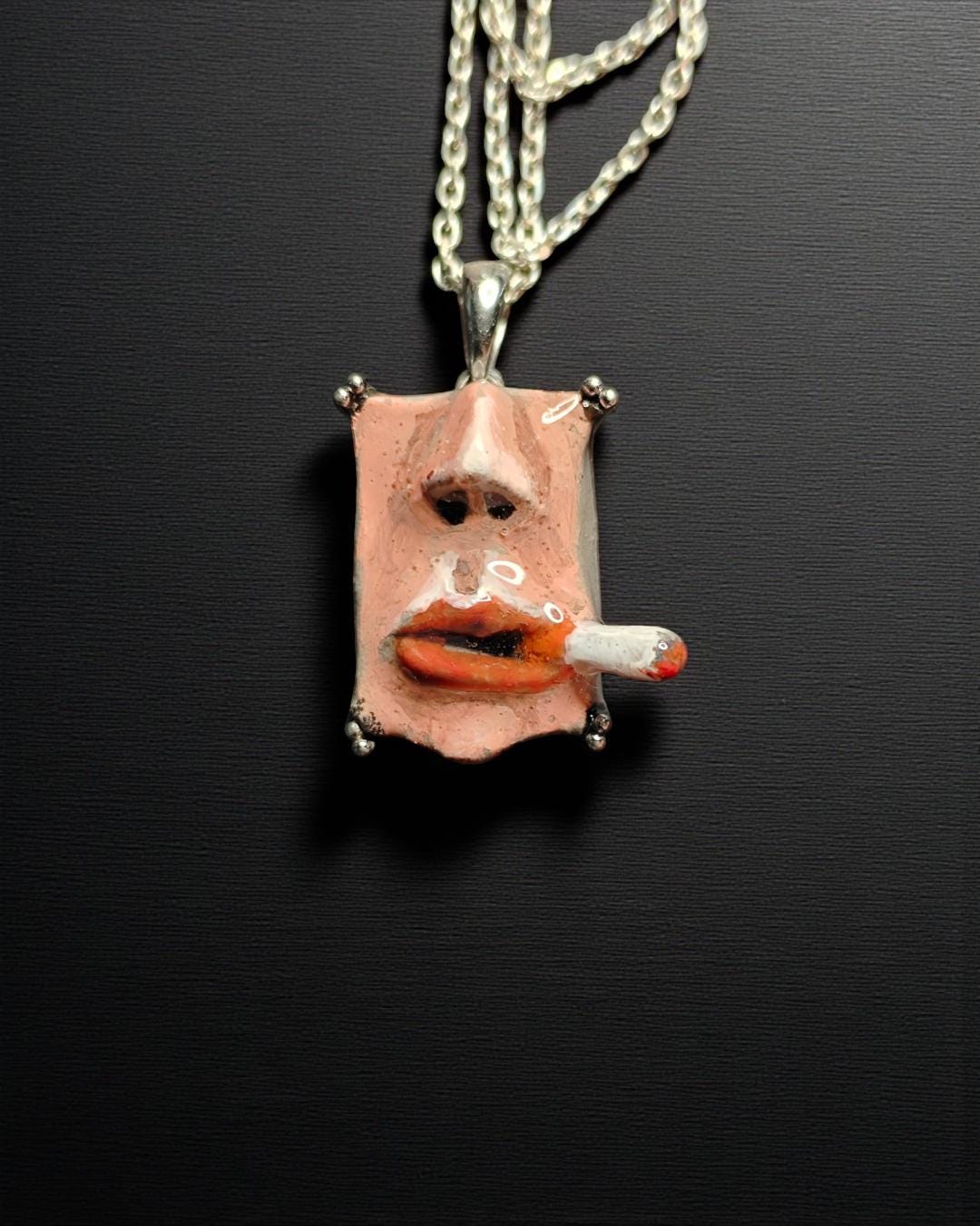 Smoking Necklace – Handmade Clay & Resin Surreal Statement Jewelry, Sculptural Wearable Art with Sterling Silver S925 Pendant / Chain