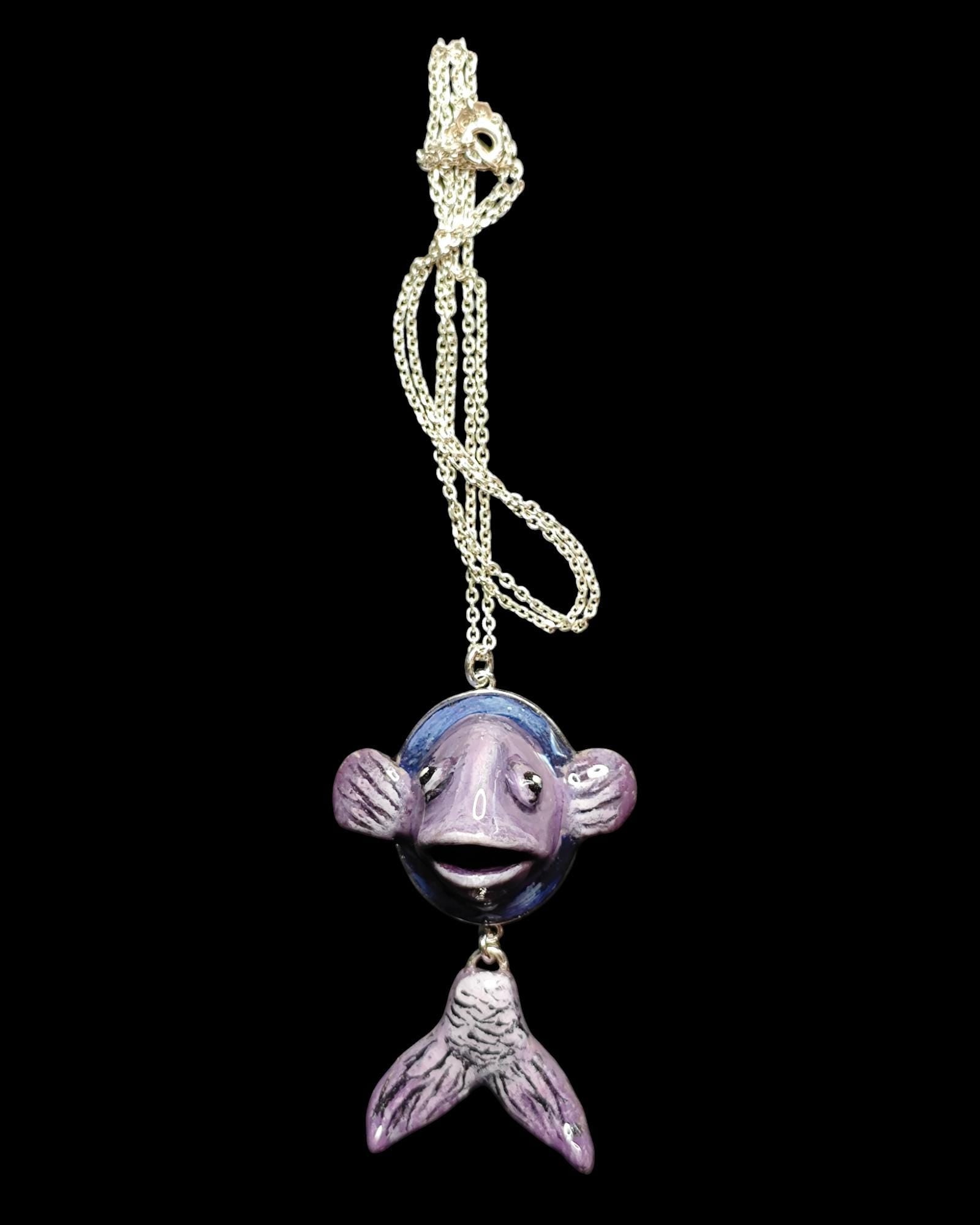 Fish Necklace ā Handmade Clay & Resin Surreal Statement Jewelry, Sculptural Wearable Art with Sterling Silver S925 Pendant / Chain OOAK