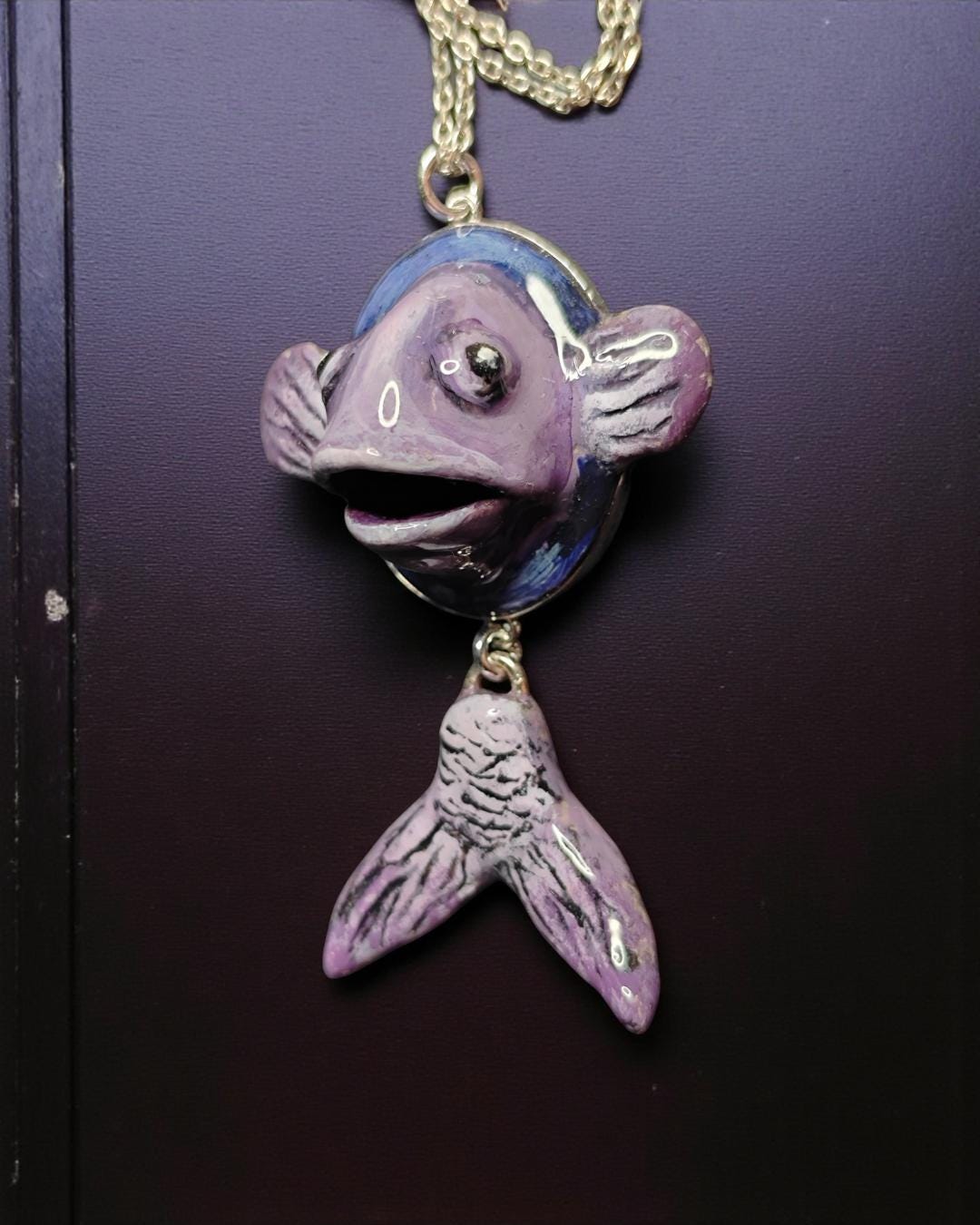 Fish Necklace ā Handmade Clay & Resin Surreal Statement Jewelry, Sculptural Wearable Art with Sterling Silver S925 Pendant / Chain OOAK
