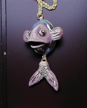 Fish Necklace ā Handmade Clay & Resin Surreal Statement Jewelry, Sculptural Wearable Art with Sterling Silver S925 Pendant / Chain OOAK