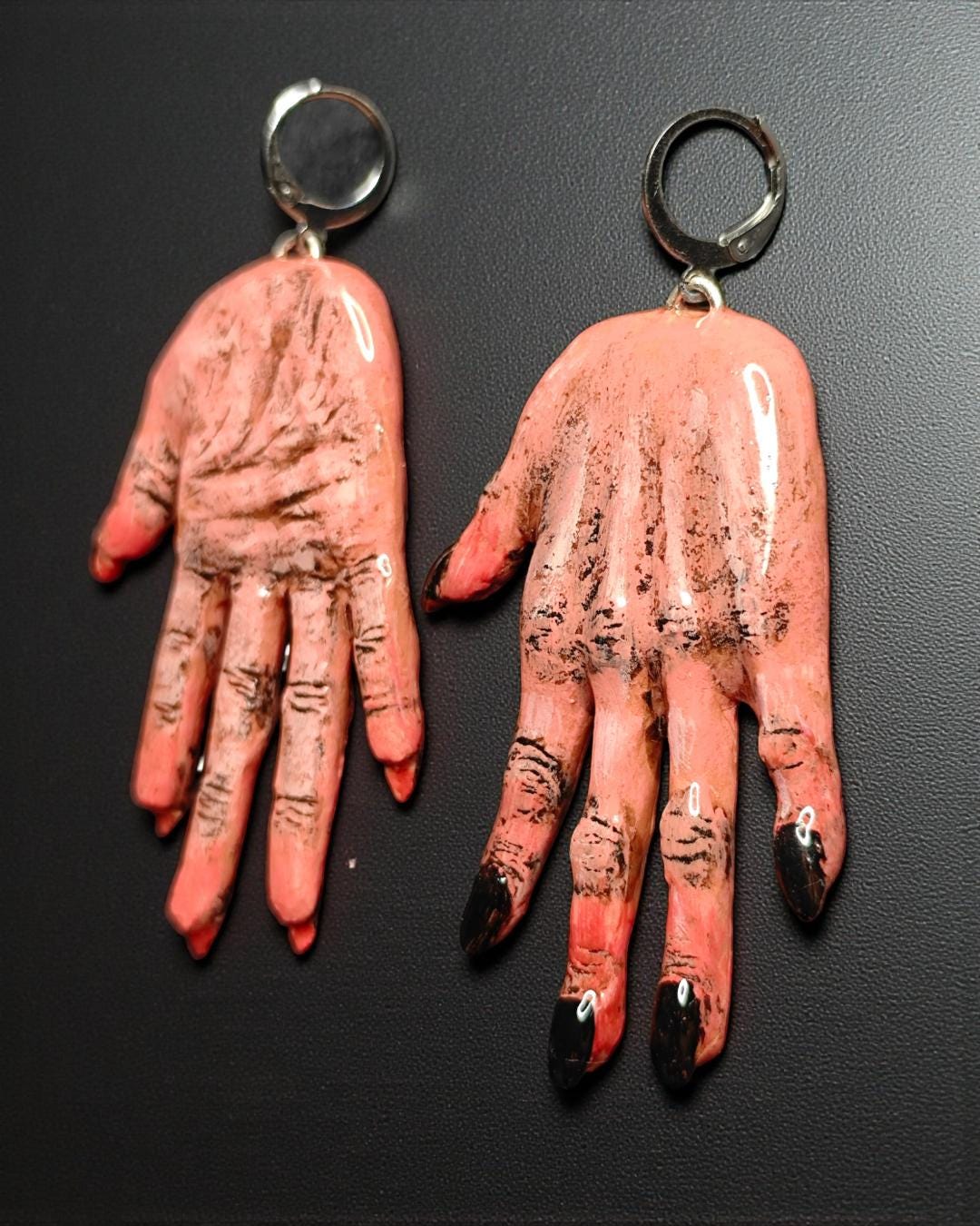 Hands Earrings ā Handmade Clay & Resin Surreal Statement Jewelry, Sculptural Wearable Art with Stainless Steel Hooks OOAK