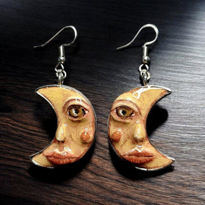 Lady Moon Earrings β Handmade Clay & Resin Surreal Statement Jewelry, Sculptural Wearable Art with Zinc Alloy Hooks OOAK