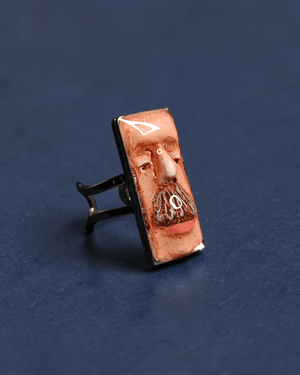 Man with Mustache Ring ā Handmade Clay & Resin Surreal Statement Jewelry, Sculptural Wearable Art with Adjustable Stainless Steel Band - SAMA