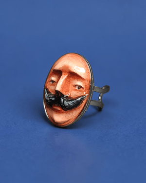 Man with Mustache Ring ā Handmade Clay & Resin Surreal Statement Jewelry with Adjustable Stainless Steel Band - SAMA